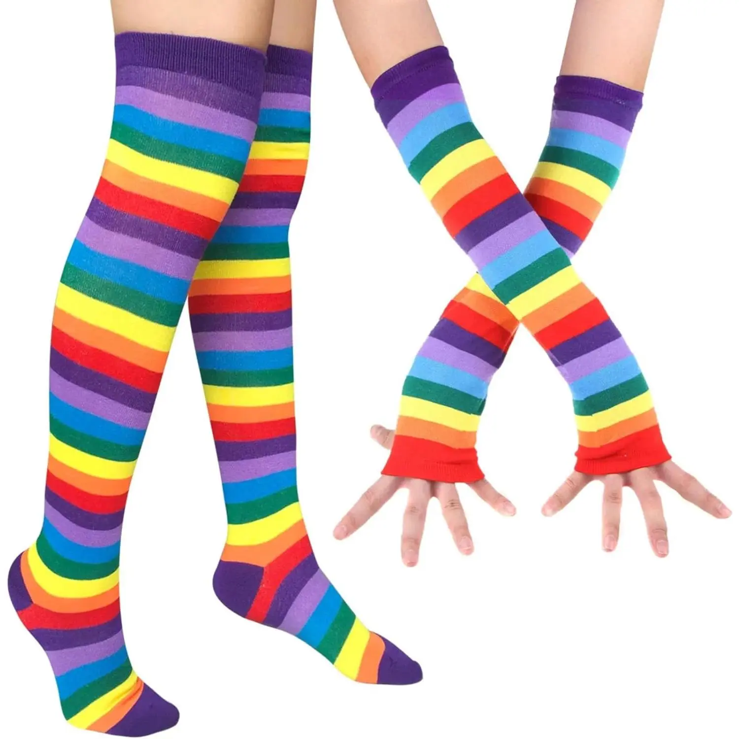 Women's Rainbow Stripes Knee-High Socks & Fingerless Arm Warmers Set