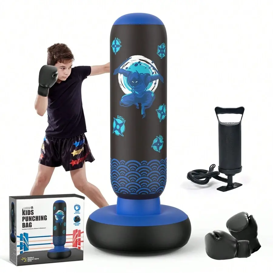 66'' Inflatable Ninja Punching Bag For Kids Teens With Gloves Pump, Karate Taekwondo Training Set, Freestanding Heavy Duty Water Sand Filled Base, Leakproof 0.4mm PVC, Stress Relief Sports Fitness Equipment