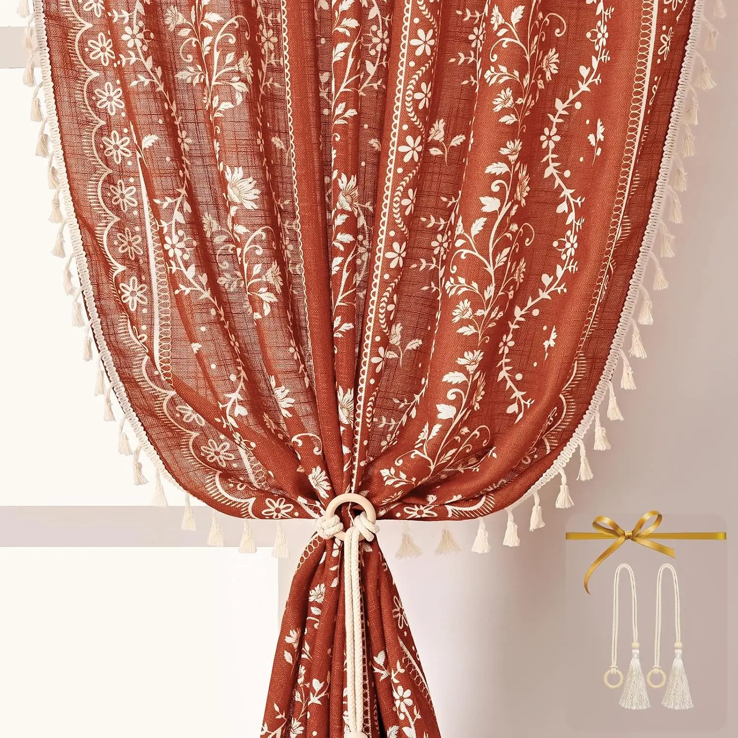 Boho Curtains 84 Inch Length for Living Room, Vintage Linen Burnt Orange Light Filtering Floral Window Drapes with Rod Pocket & Back Tabs, Farmhouse Tassel Terracotta Curtains with TiebacksGift