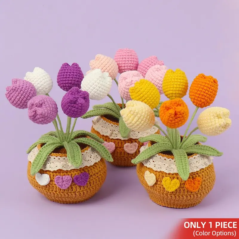 Handmade Crochet Tulip Potted Plant, 1 Count Knitting Tulip Potted Plant, Desktop Decoration for Home Office, Artificial Indoor Plant, Gift for Friend & Family