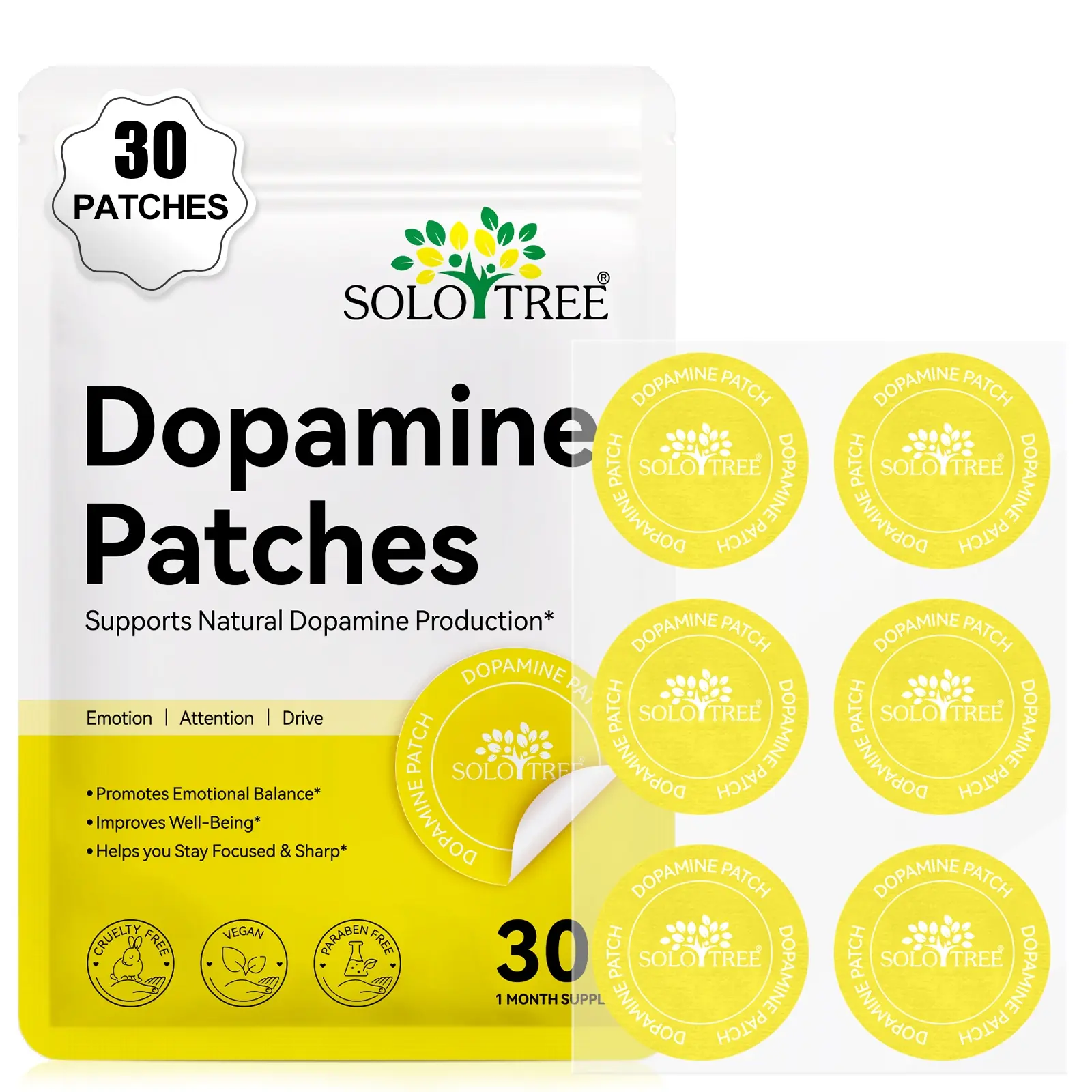 Solotree Dopamine Patches 30pcs, Gentle Sensitive Skin-Friendly & Ultra-Thin Breathable Design, High Adhesive, Reusable Daily Use Patches