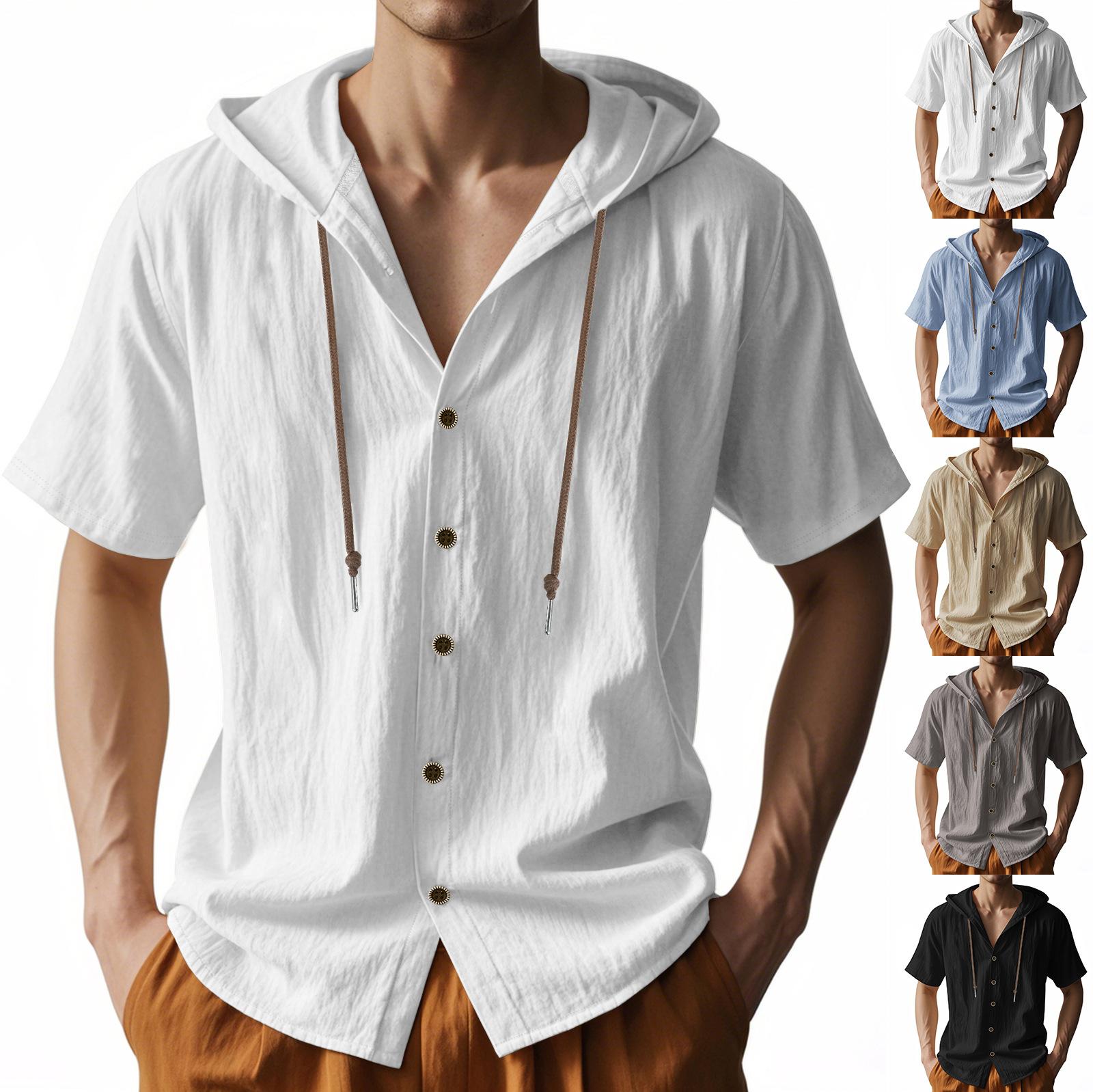American-style Summer Lightweight Breathable Linen Amekaji Loose-fitting Hooded Men's Short-sleeve Shirt 95% Linen 5% Polyester Casual Menswear