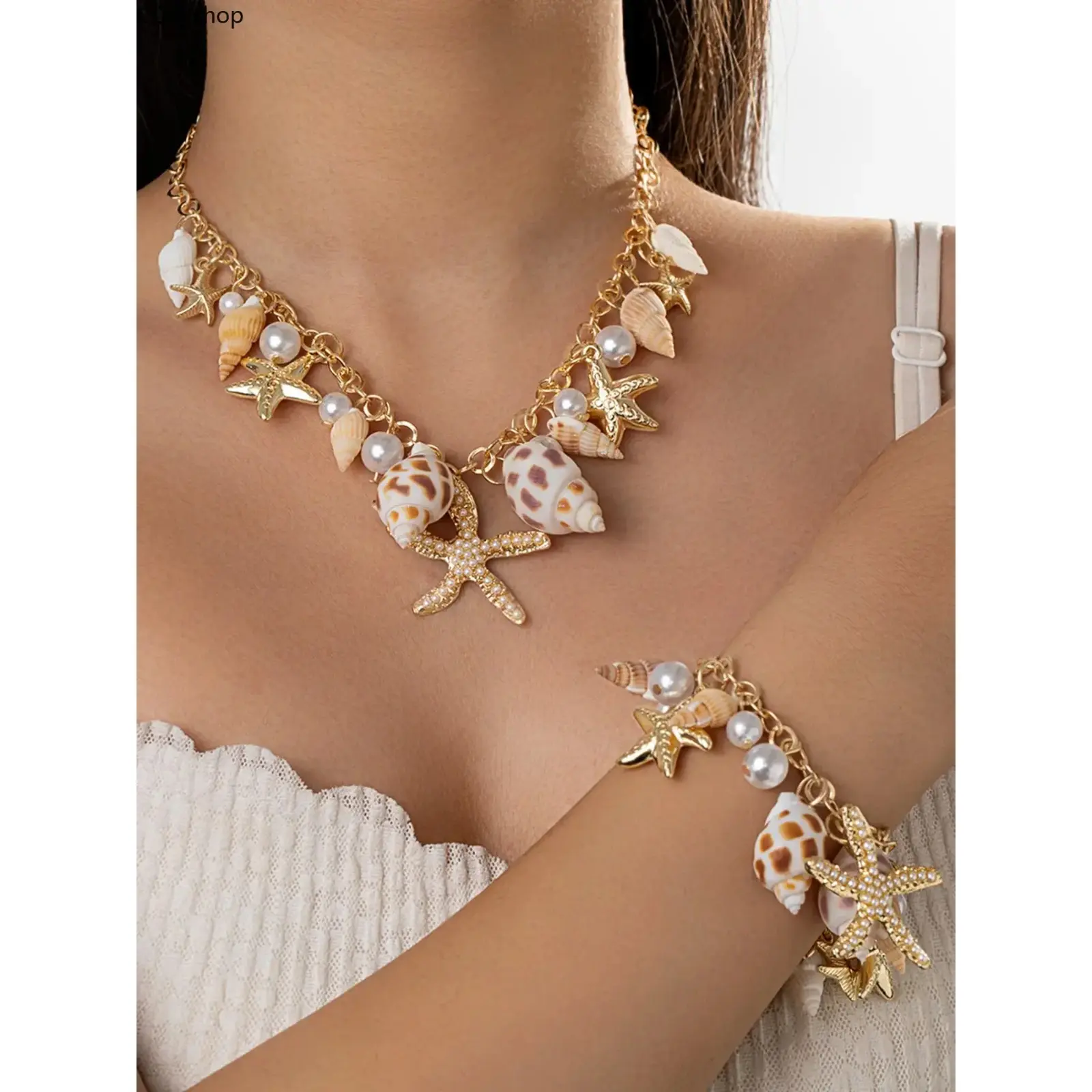 2-Piece Ocean Vacation Style Alloy Pearl Imitation Starfish and Seashell Geometric Pattern Jewelry Set, Versatile Necklaces and Bracelets for Daily Wear and Gifting