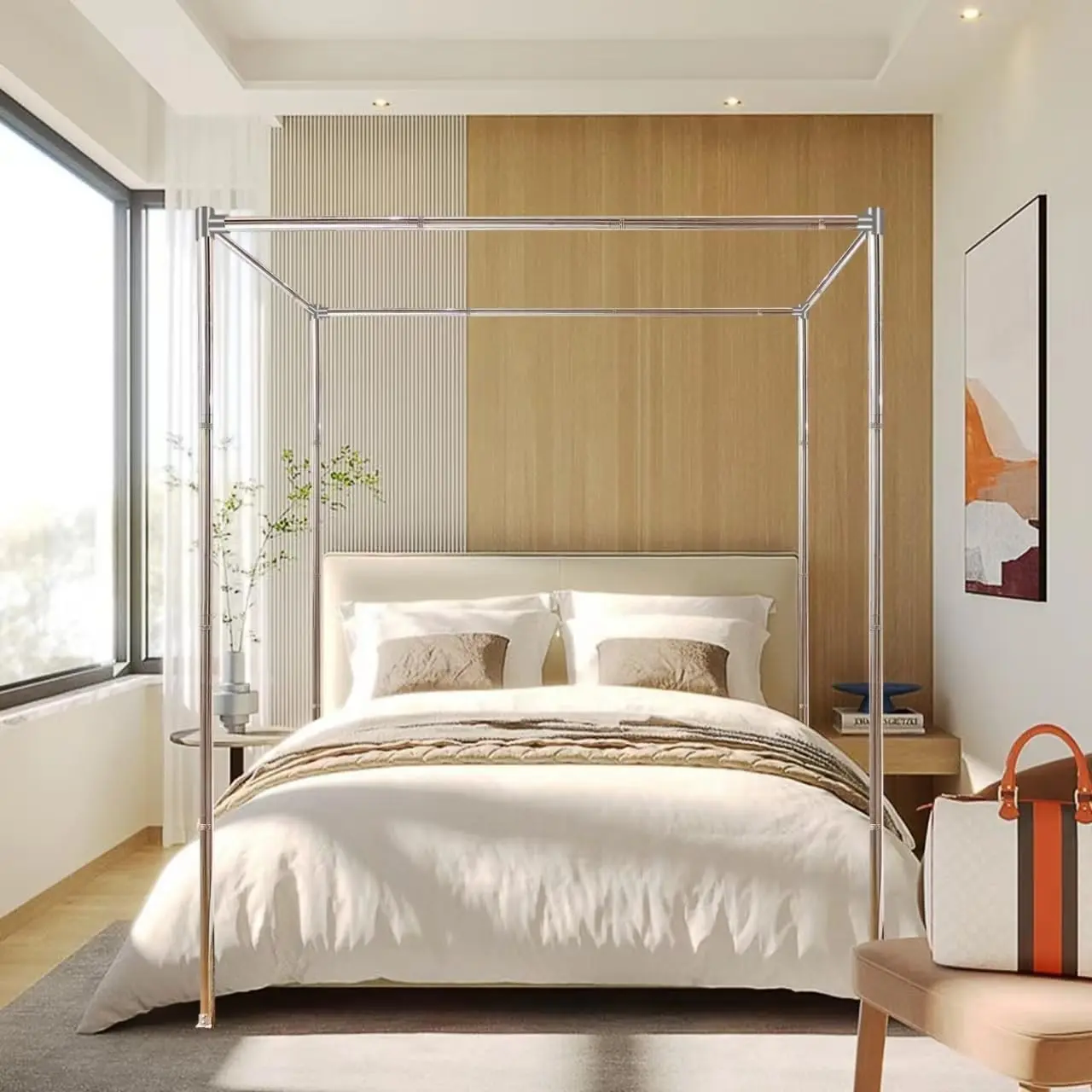 Queen Size Solid Metal Stainless Steel Frame Canopy Bed - Thick Brackets, Bed Post Poles, Mosquito Curtains
