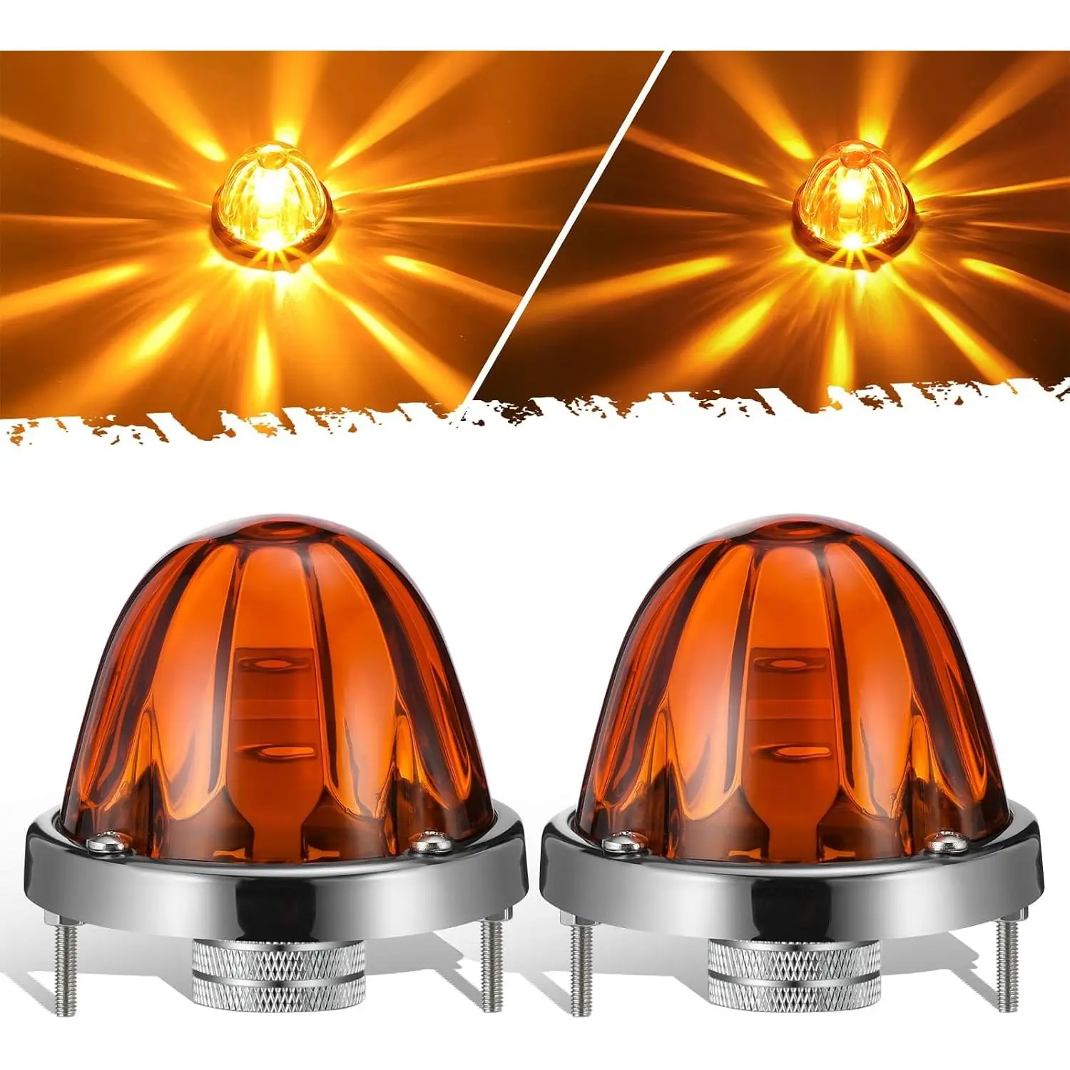 2Pcs Amber Glass Lens Watermelon Lights [Patented] LED Side Marker Turn Signal Lights with Stainless Steel Bezel Replacement for Kenworth Peterbilt Freightliner