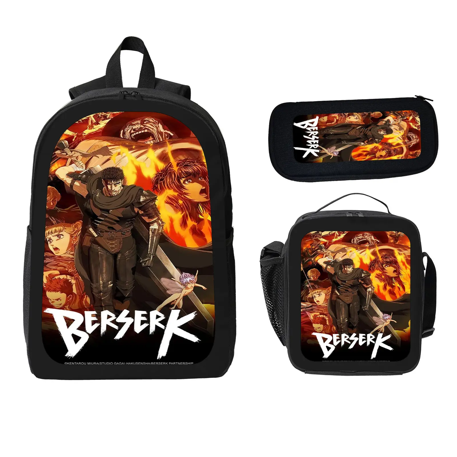 Unisex Berserk 3-Piece School Backpack Set Pack, Large Capacity Water Resistant Bookbag with Insulated Lunch Bag & Pencil Case, Travel Daypack for Elementary-Middle School Kids b-8
