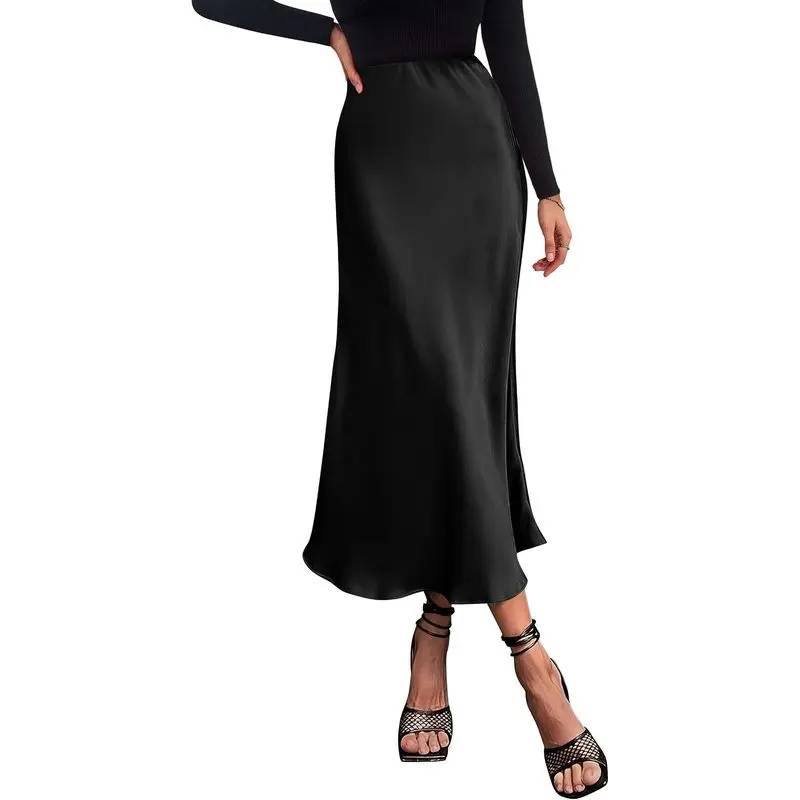 Women’s Satin Midi Skirt High Waisted A Line Flowy Dressy Casual Skirt for Wedding Guest Cocktail Party Office Dinner and Fall Outfits
