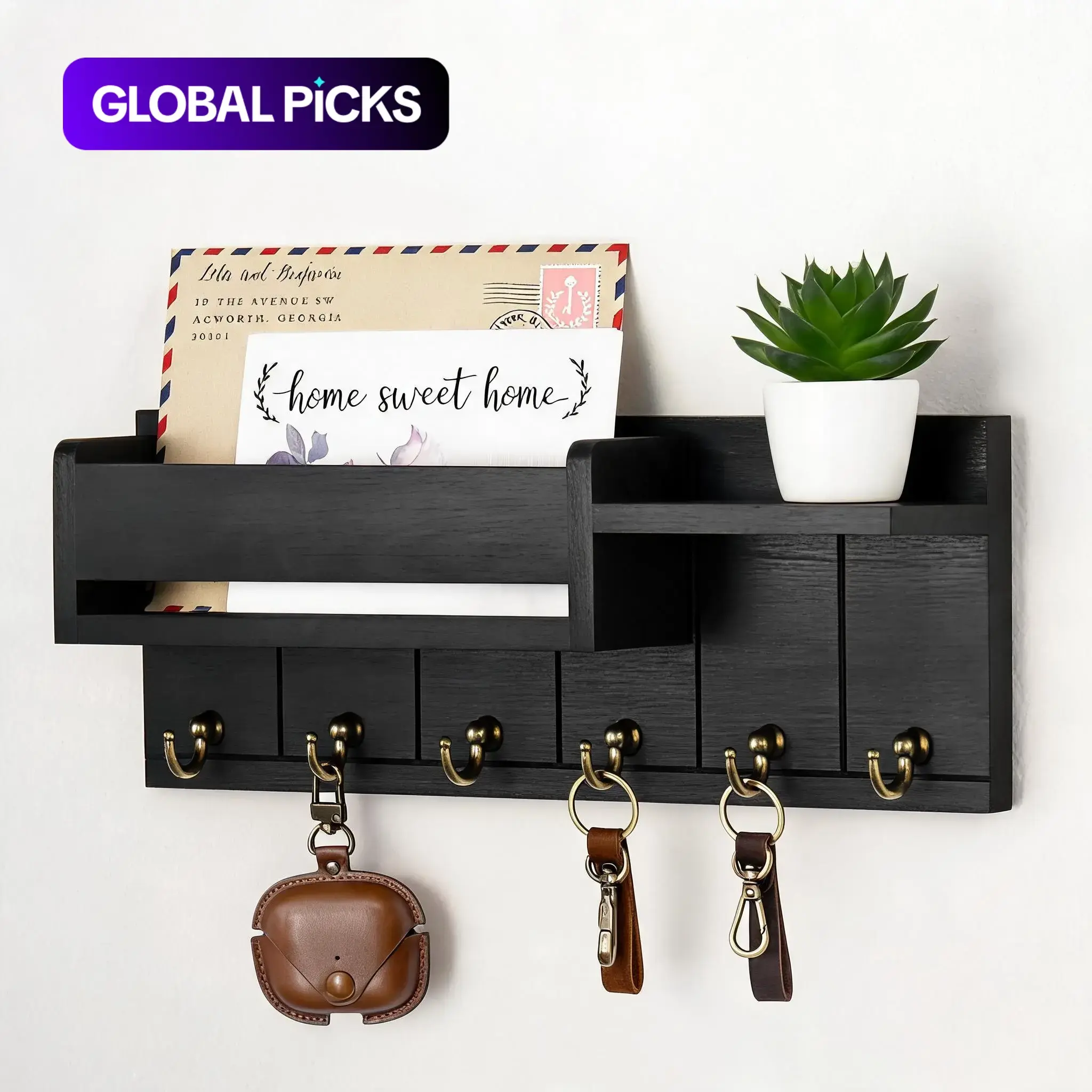 Wall-Mounted Wooden Key Holder Shelf with 6 Key Hooks & Mail Sorter, Home Organizer for Entryway & Living Room, Wooden Wall Rack #GLOBAL PICKS