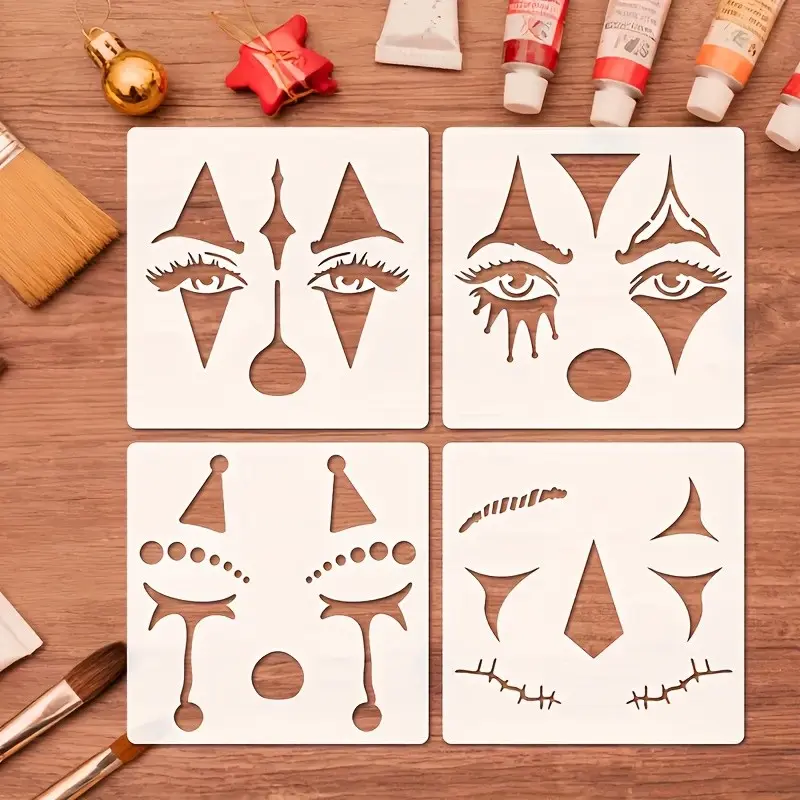 4 Piece Clown Face Painting Templates, 6 Inch Halloween Face Paint Stencils, Durable Plastic, Ideal for Fabric, Paper, Party Decorations