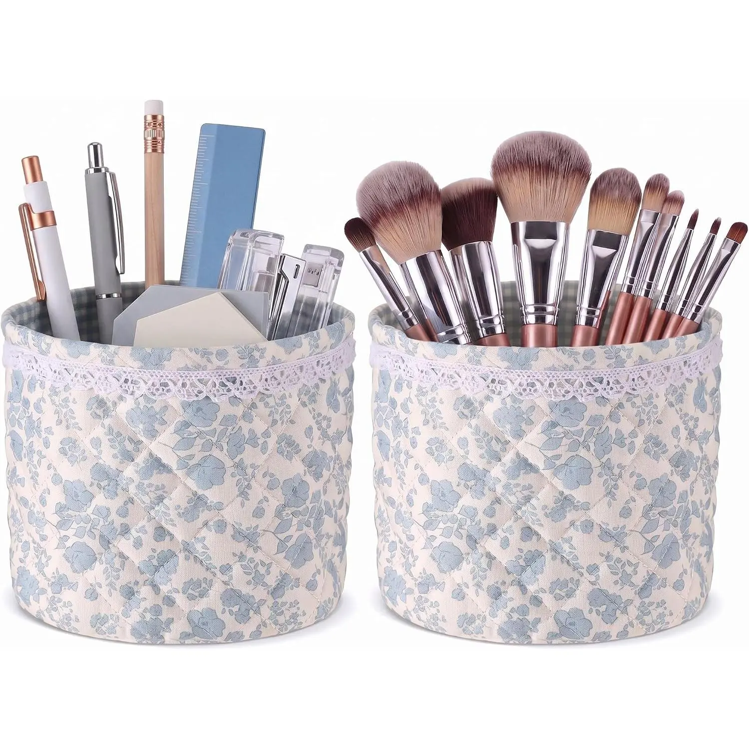 2 count  Quilted  Brush Storage Baskets Quilted Blue Small Makeup Holder Lace Floral Desk Container Organizer Cute Bedside  for Women Flower Travel Toiletry Bag