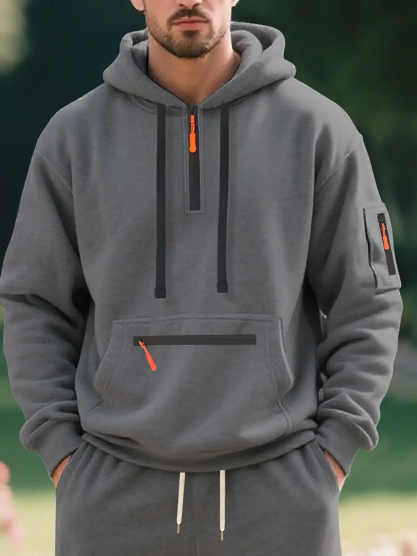 Men's Fall Winter Thick Long Sleeve Half-Zip Hoodie, Colorblock Zipper Casual Loose Fit Oversize, Warm Pullover Sweatshirts for Young Adults, Cozy Outerwear for Cold Weather