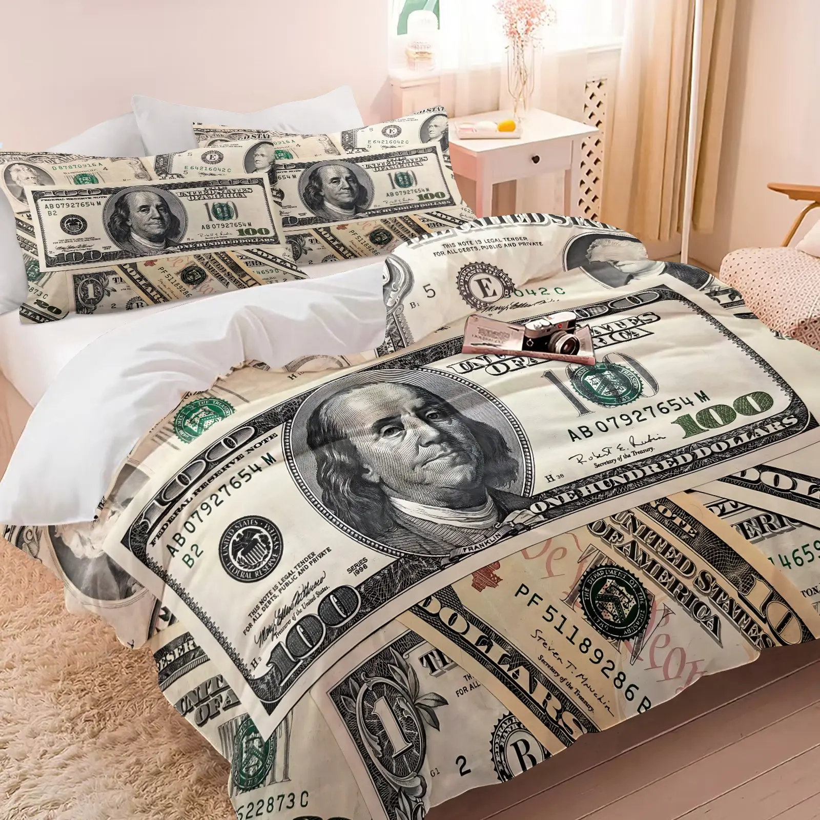U.S. Dollar Bill Pattern Printed Bedding Set, Soft Bedding Sets, 2/3-Piece Premium, Soft & Cozy Duvet Cover Set Featuring "Hundred-Dollar Bill" Print (Includes 1 Duvet Cover + 1 or 2 Pillowcases; Fillers Not Included)
