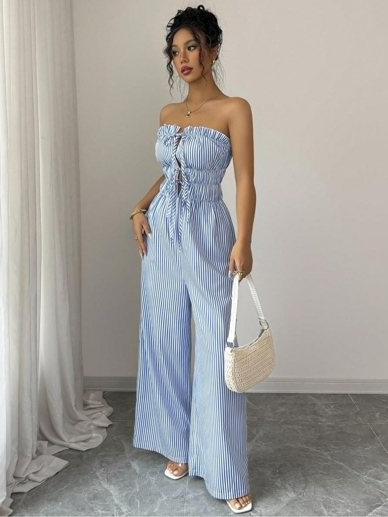 Women's Summer Casual Striped Bandeau Wide Leg Jumpsuit