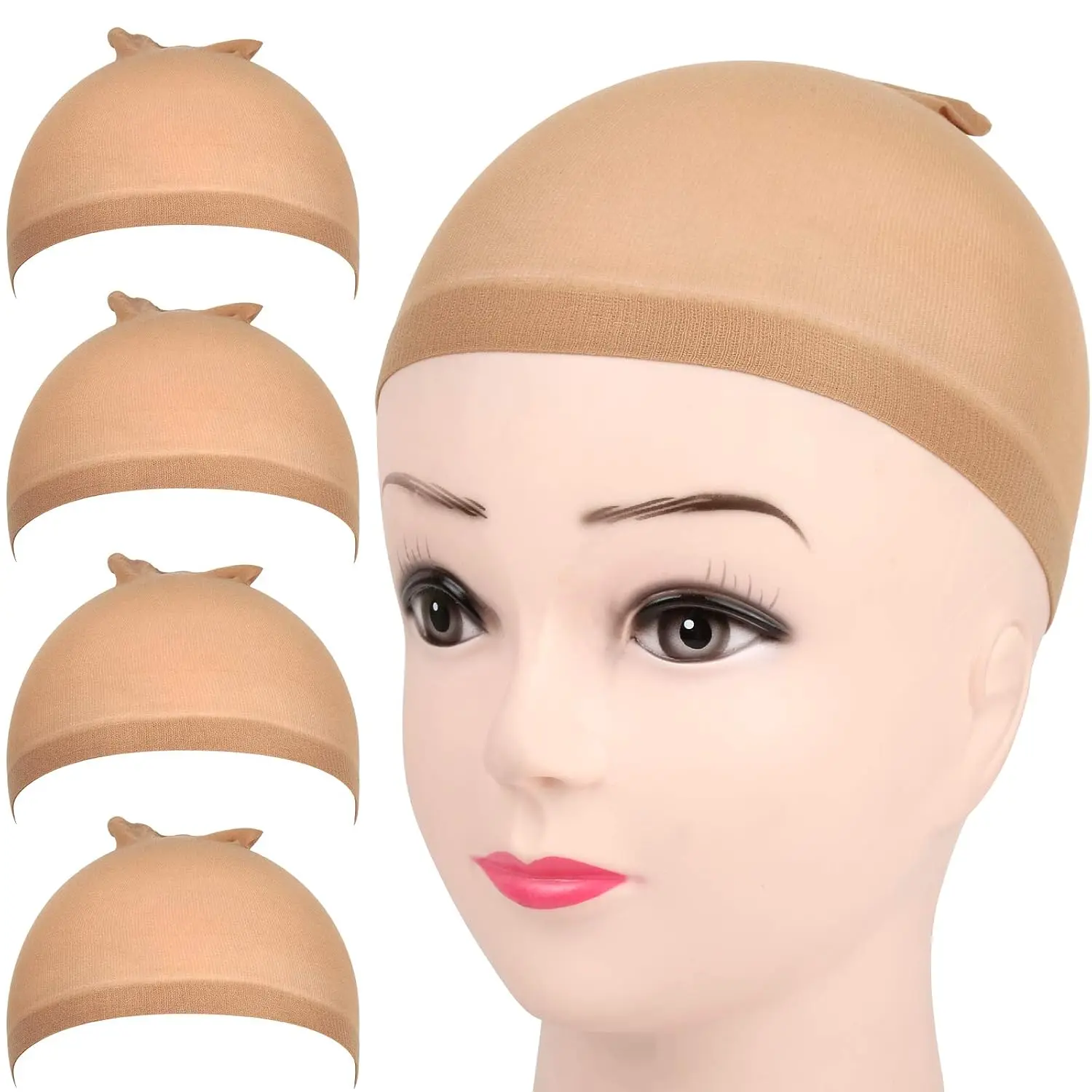 4 count Light Brown Stocking Wig Caps Stretchy Nylon Wig Caps for Women