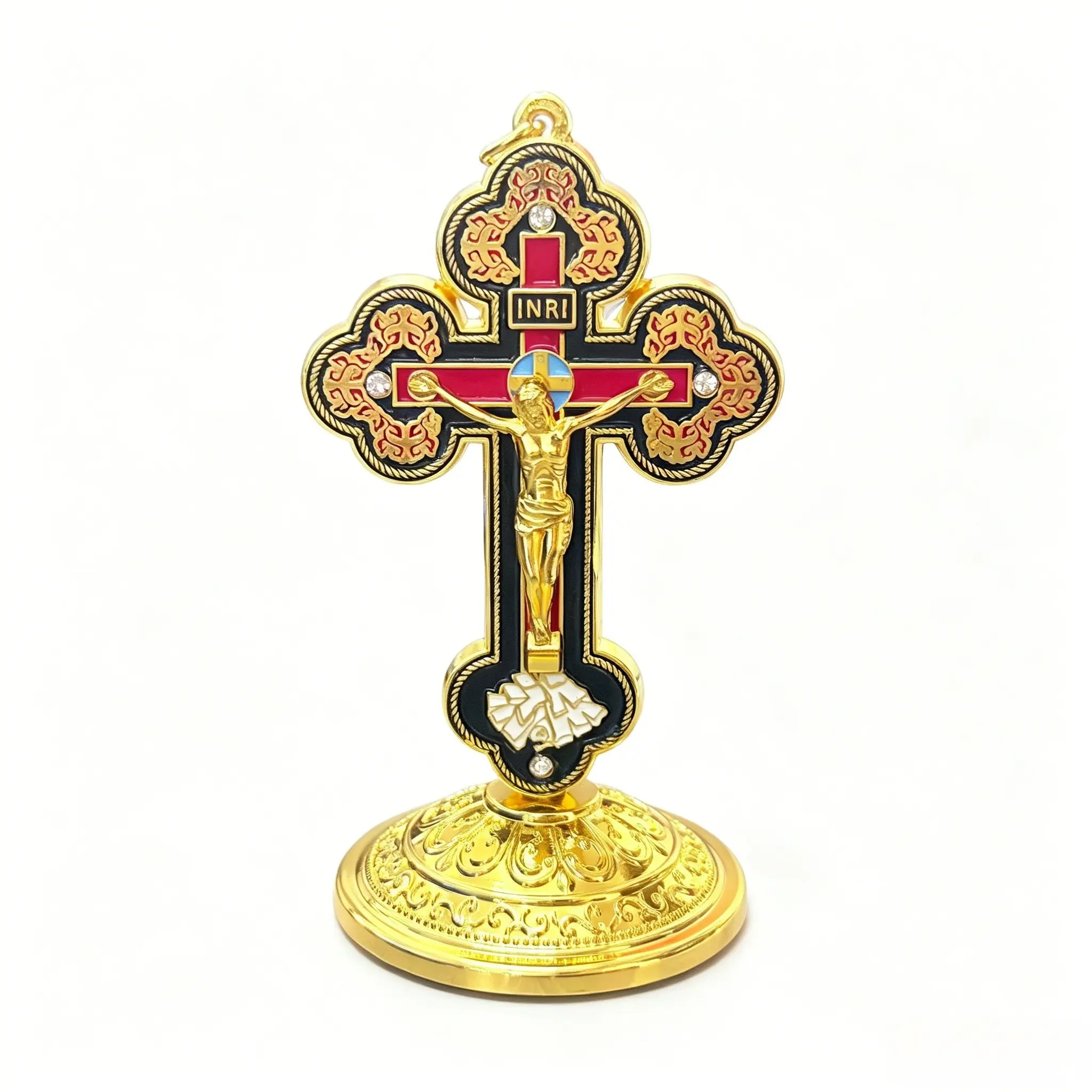 Orthodox Tabletop Crucifix With Detachable Stand Base Gold Plated Zinc Alloy Enamel Inlaid Jesus Three Bar Cross Ornament Religious Church Altar Desktop Devotional Decoration Baptism Christmas Religious Gift For Orthodox Believers