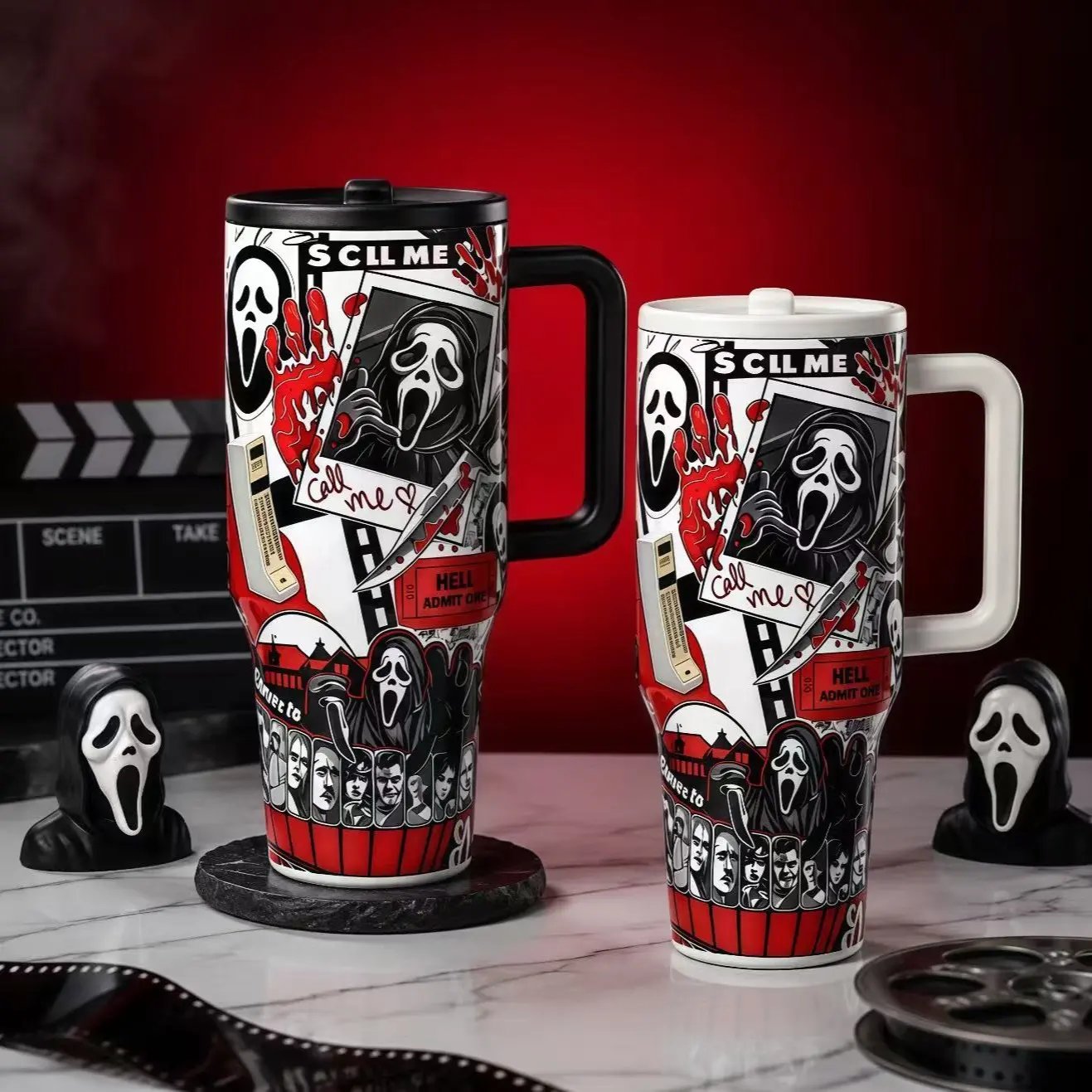 1pc 40oz Horror Movie Ghostface Tumbler, Scary Slasher Collage Travel Mug, Gothic Halloween Coffee Cup, Horror Fan Gift for Women Men, Insulated Tumbler Cup