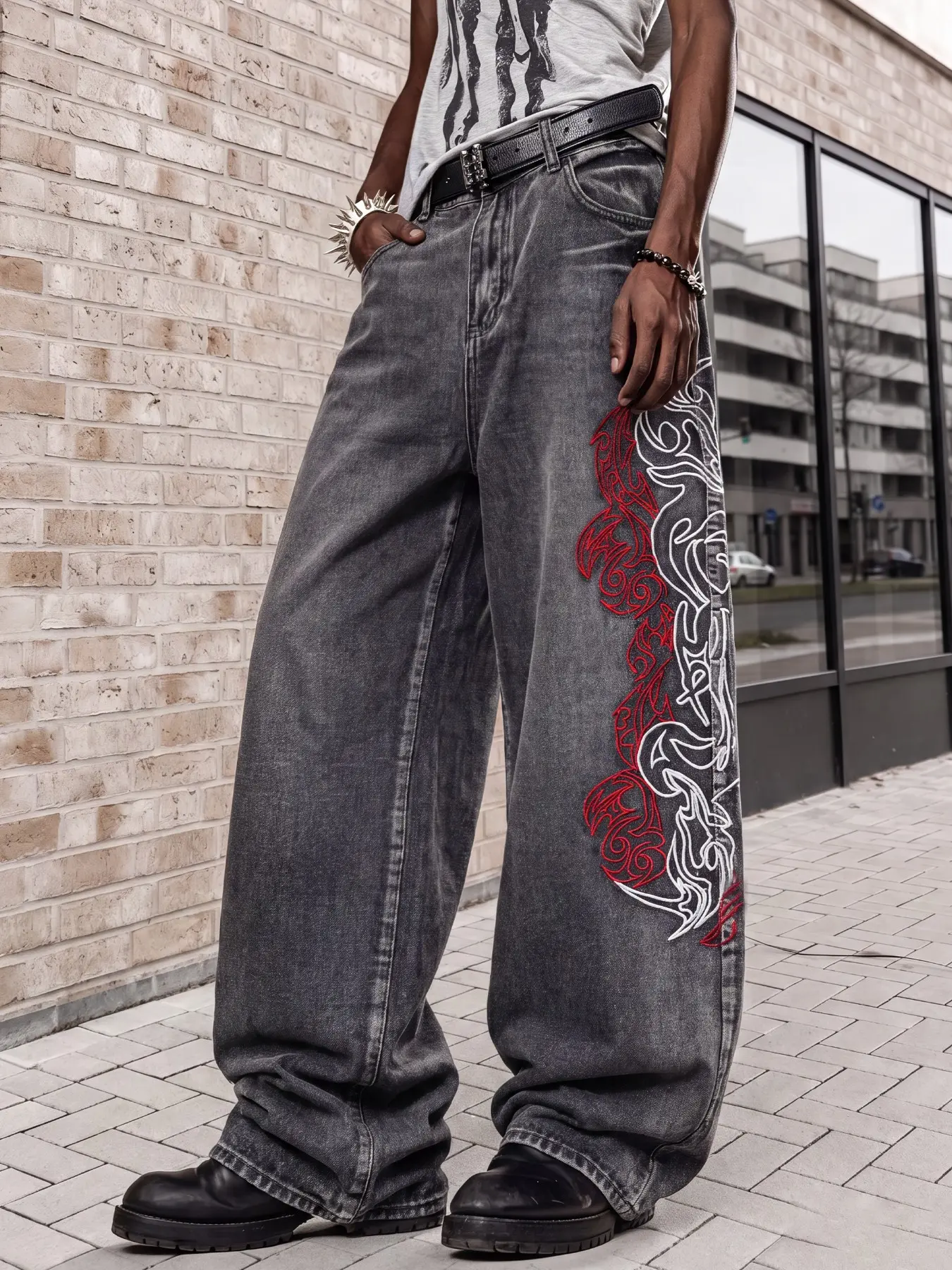 Men's All-Season Loose Straight Wide Leg Denim Trousers, American Fashion Casual Y2K Street Jeans In Black Distressed Embroidered Style, Embroidery, Suitable For Young Men To Wear For Parties, Nightclubs And Biker Outfits, Perfect Gift For Husband