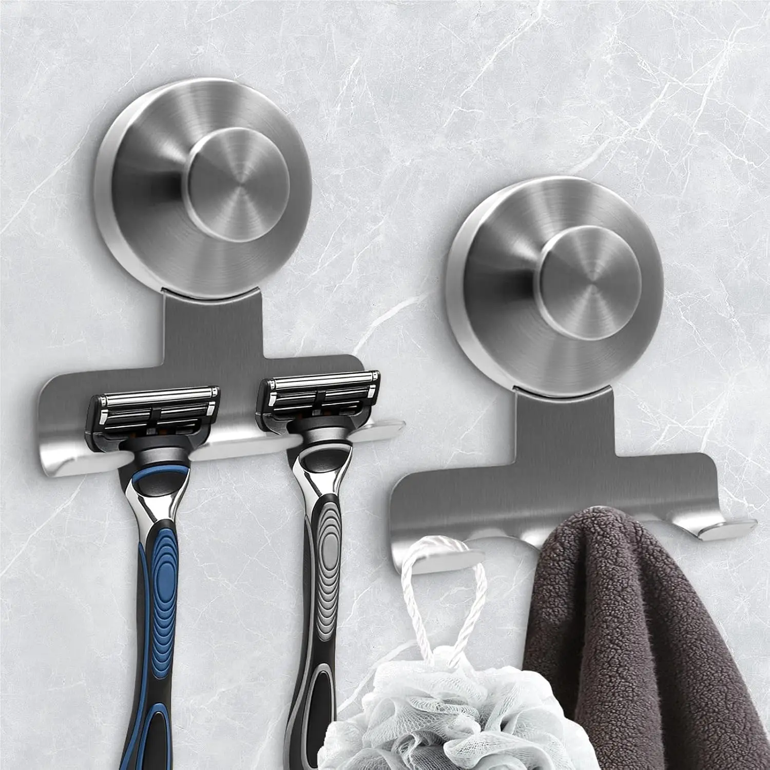 Suction Cup Razor Holder for Shower, Heavy-Duty 7KG Suction Hooks for Razor, Towel, Loofah, Removable Damage-Free Metal Shower Shaver Holder, 2 Pack Brushed Silver