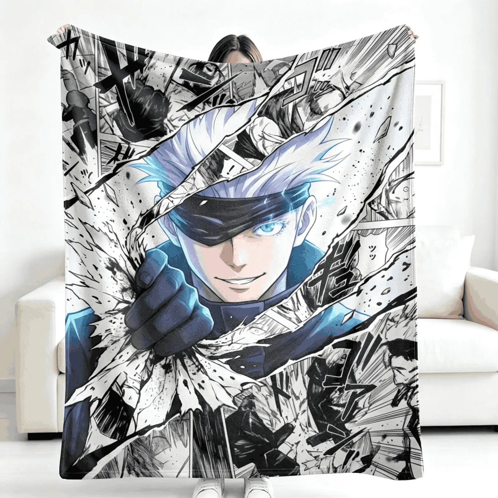 blankets Jujutsu Kaisen Gojo Satoru Dynamic Blue Energy Anime Flannel Blanket Soft Warm Lightweight Durable Kids Blanket Adult Blanket For Bedroom Sofa Office Nap Gaming Room Fan Gift home goods tiktokshopspringglowup