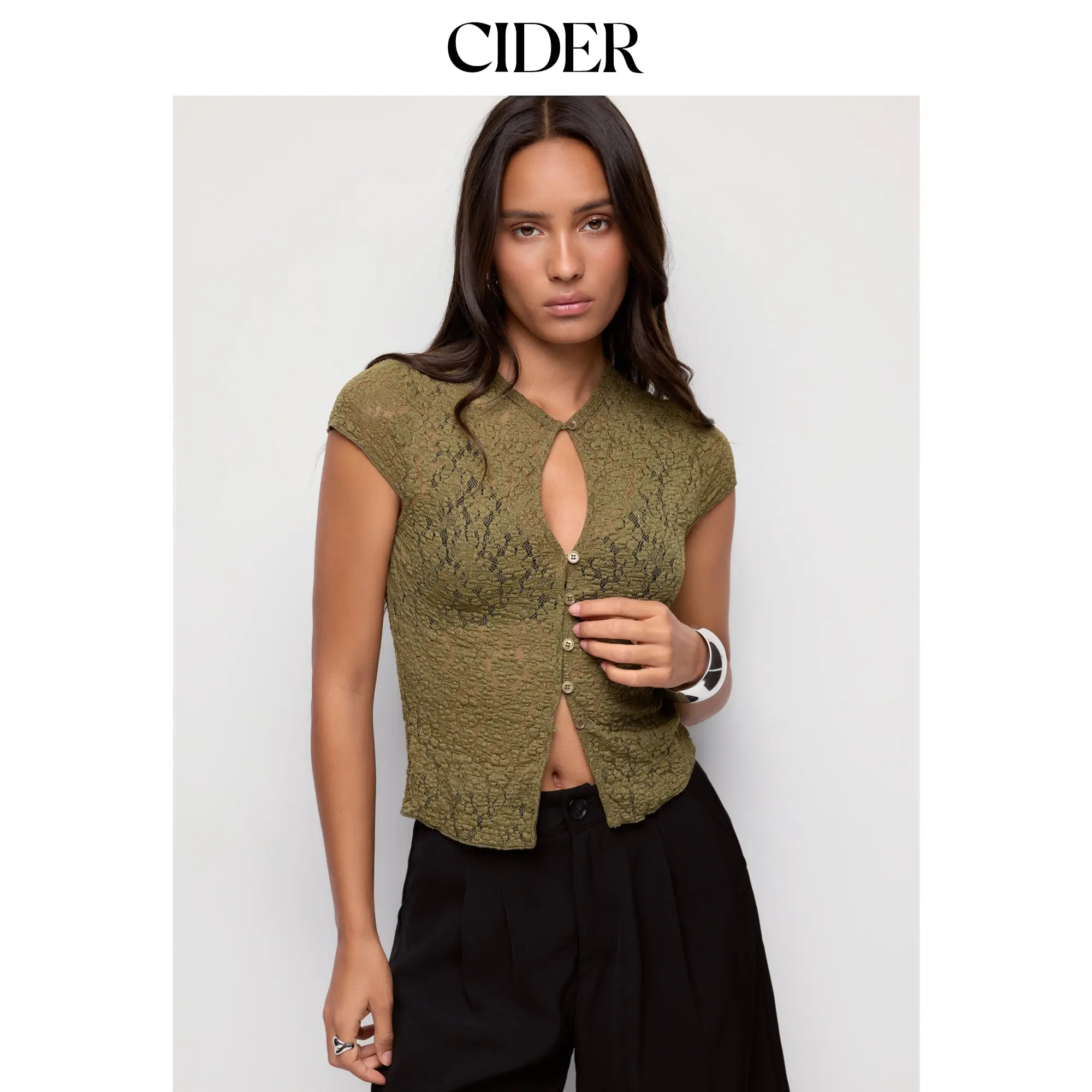 Cider Pointelle Textured Button Through Cut Out Top