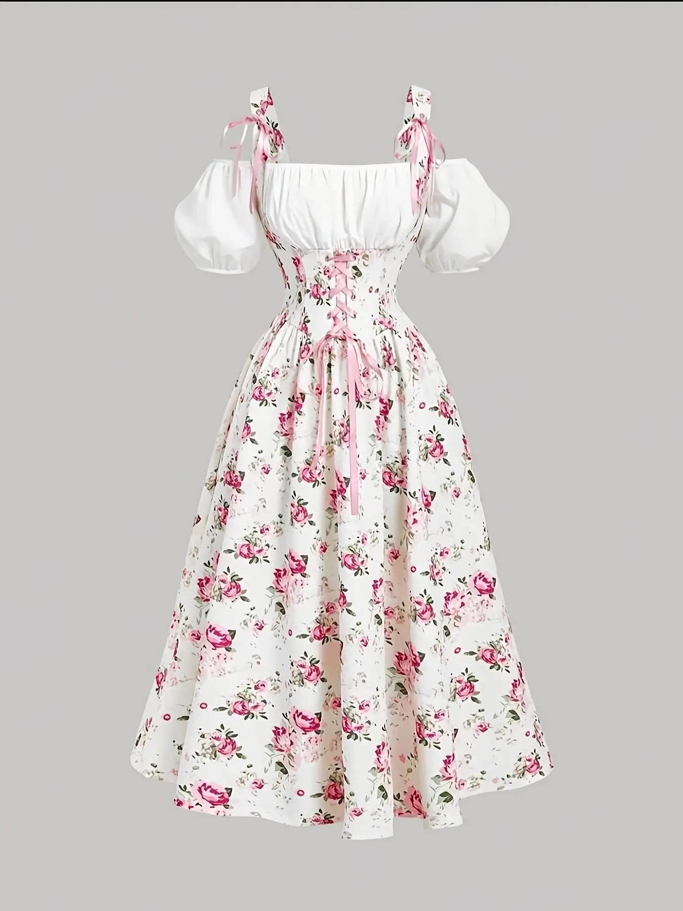 French Romantic Feminine Floral Elegance Rose Print Square Neck Dress, Sweet Bubble Sleeve Waist Cinch Long Dress, Perfect for Vacation, Party, Tea Time, Garden Party