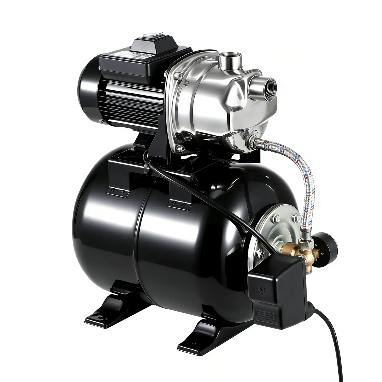 High Current 1.6 HP Stainless Steel Shallow Well Jet Pump with Pressure Tank – 1320 GPH, Automatic Pressure Switch, Designed for Home, Farm, Garden, Yard Irrigation – 164ft Max Head, Black