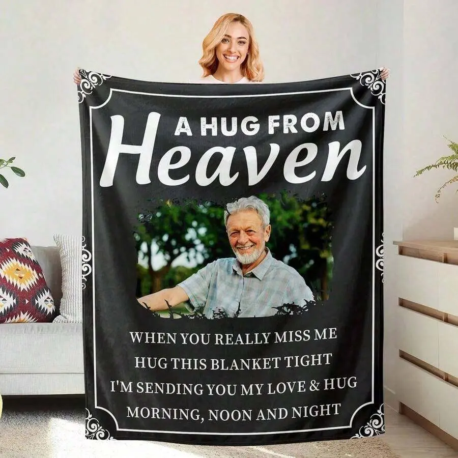    Custom Photo Throw Blanket, A Hug From Heaven Memorial Throw Blanket, Custom Deceased Loved One Photo Sympathy Grief Flannel Blanket Gift # blankets