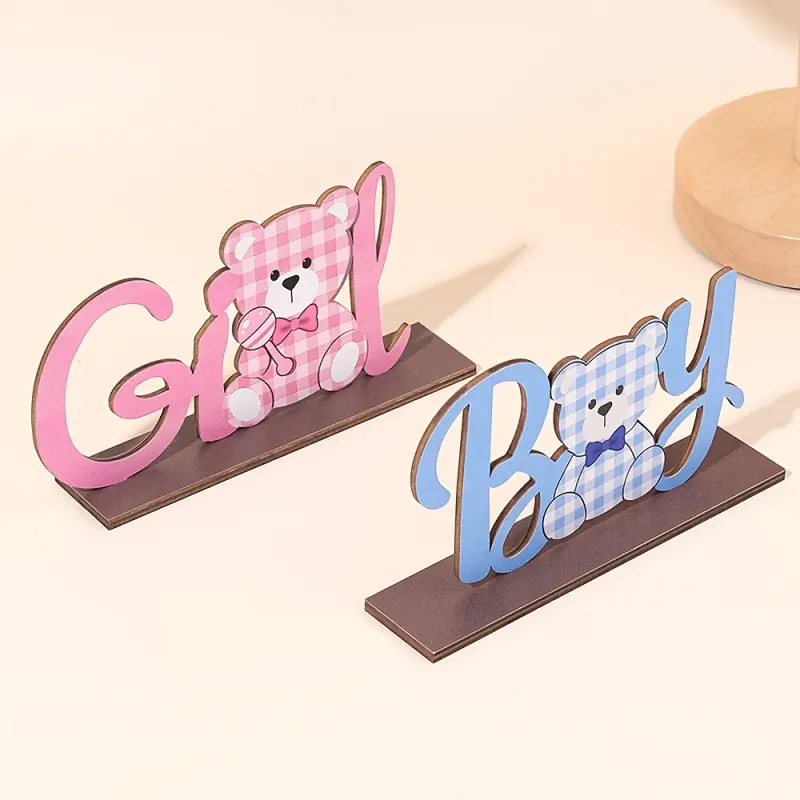 2 Pieces Gender Reveal Wooden Table Decor, Boy Girl Plaid Teddy Bear Table Signs, Pink Blue Baby Shower Gender Reveal Party Decorations, He or She Table Centerpieces for Baby Party Decoration