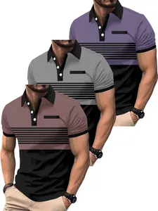 3-Pack Men's 3D Polo Short Sleeve Shirts, Geometric Pattern, Stripe, Breathable Summer Golf Casual Wear, Regular Fit
