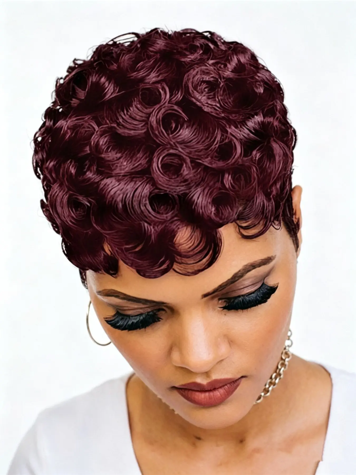 Pixie Human Hair Pixie Cut Wig, Short Curly Wavy Wig with Bangs, Natural, Rose Net Cap, Elegant Style for Women