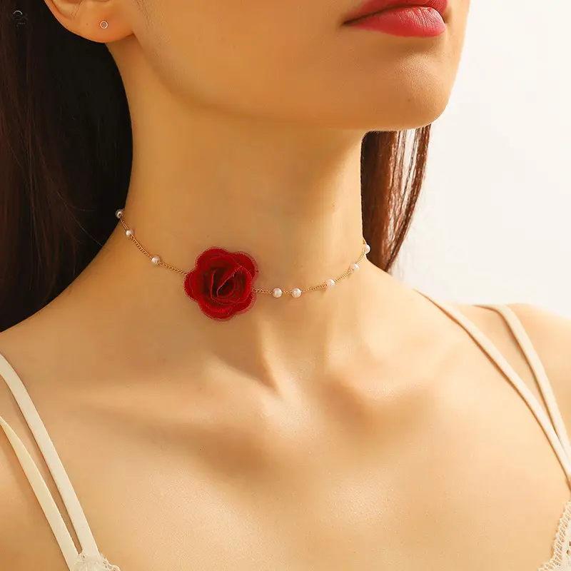 6 Colors Mesh Rose Jewelry Set, Pearl Bead Choker/Lariat Drop Chain/Matching Stud Earrings, Romantic Floral Neck & Ear Jewelry for Wedding Date Bridesmaid Styling