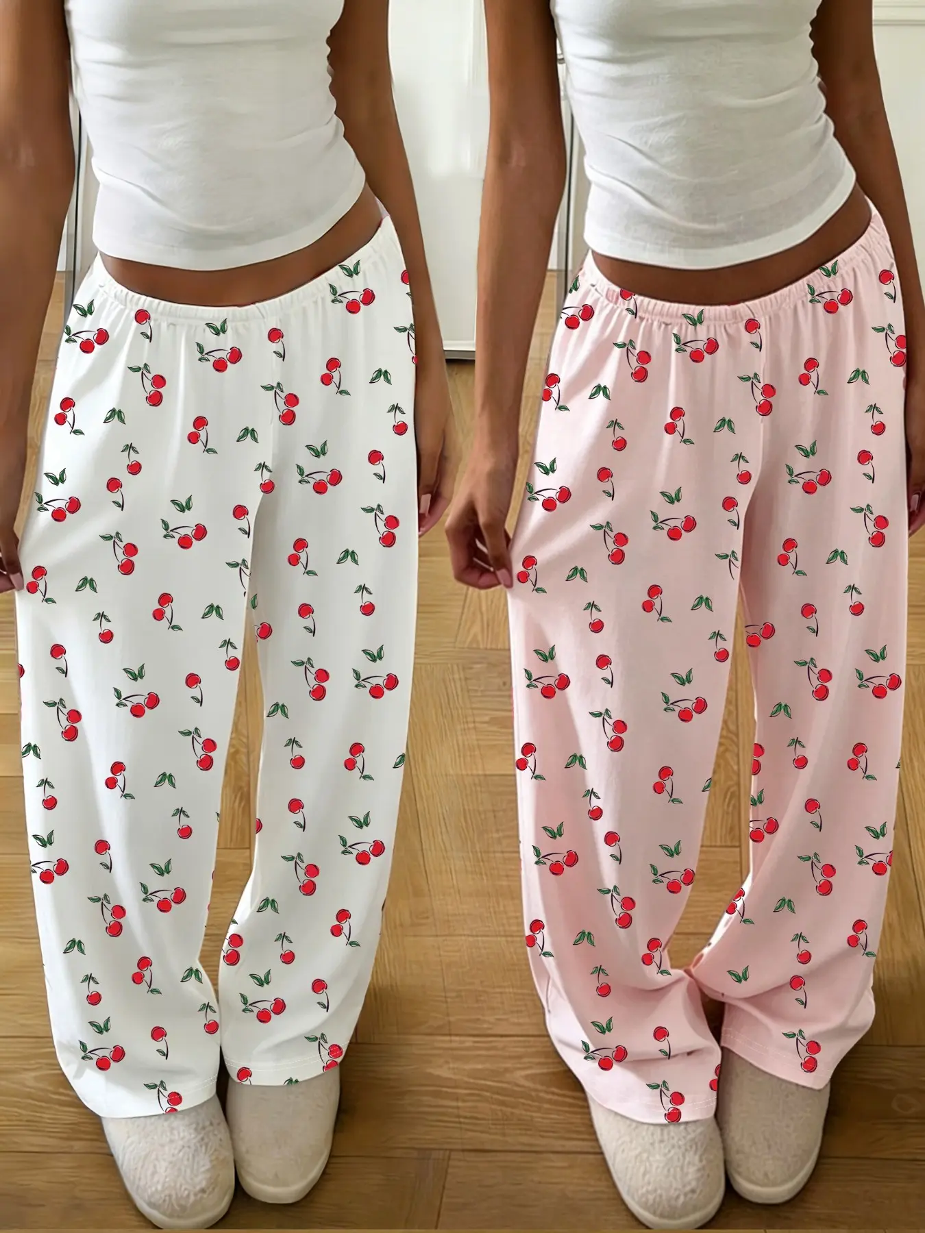 2pcs Women Cherry Print Wide Leg Pajama Pants Set, Elastic Waist Casual Sleepwear, Vacation Loungewear