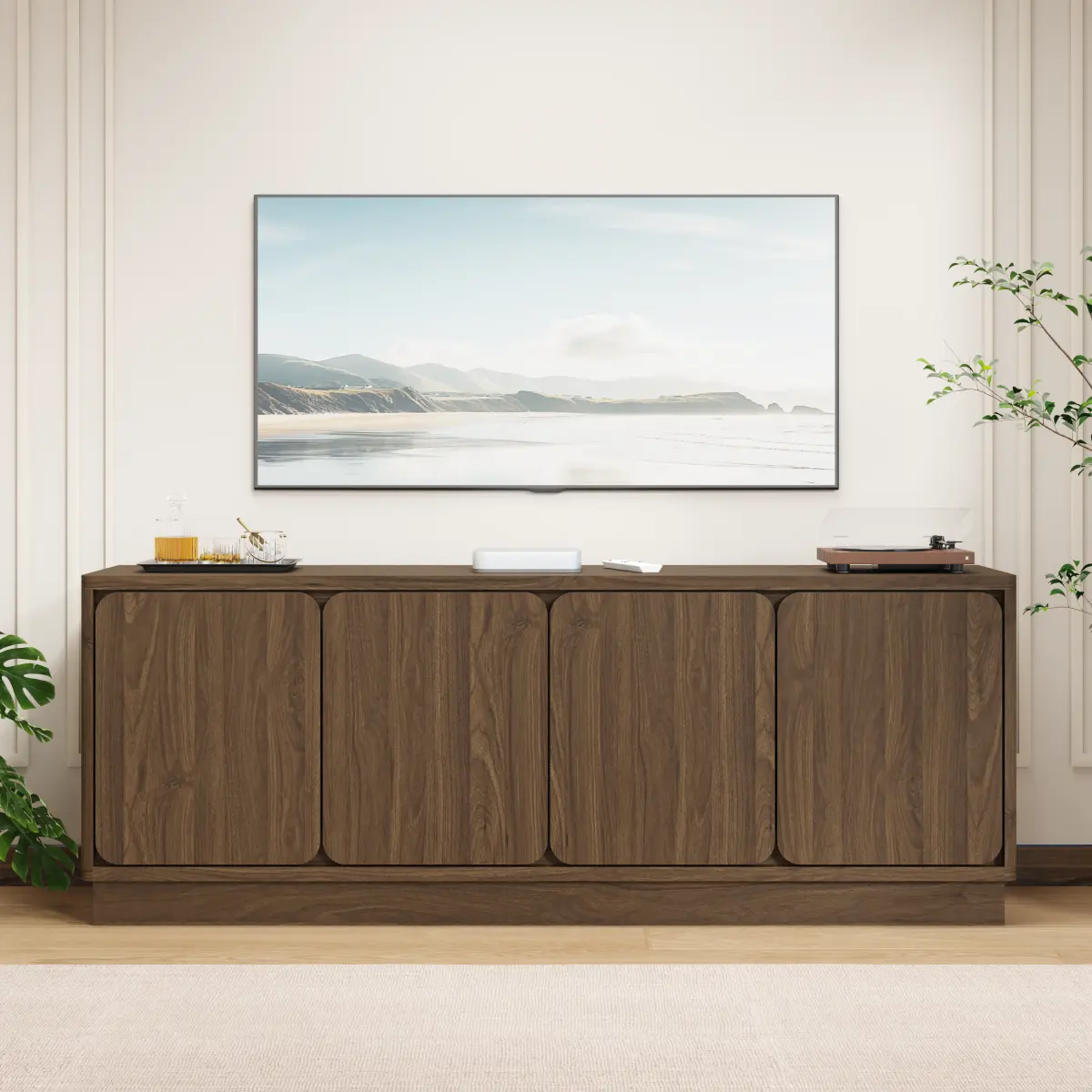 [Bellemave] 63 Inch TV Stand with 4 Storage Doors and Adjustable Shelf, Wood Console Cabinet with Cable Holes, Modern TV Cabinet for Living Room