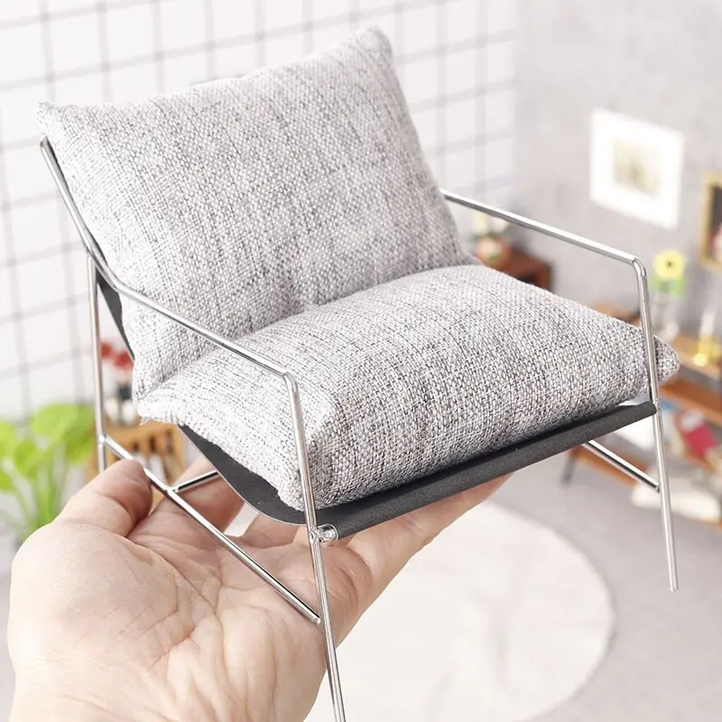 Miniature Dollhouse Armchair, Gray Fabric Metal Frame Lounge Chair for DIY Living Room and Roombox Decor