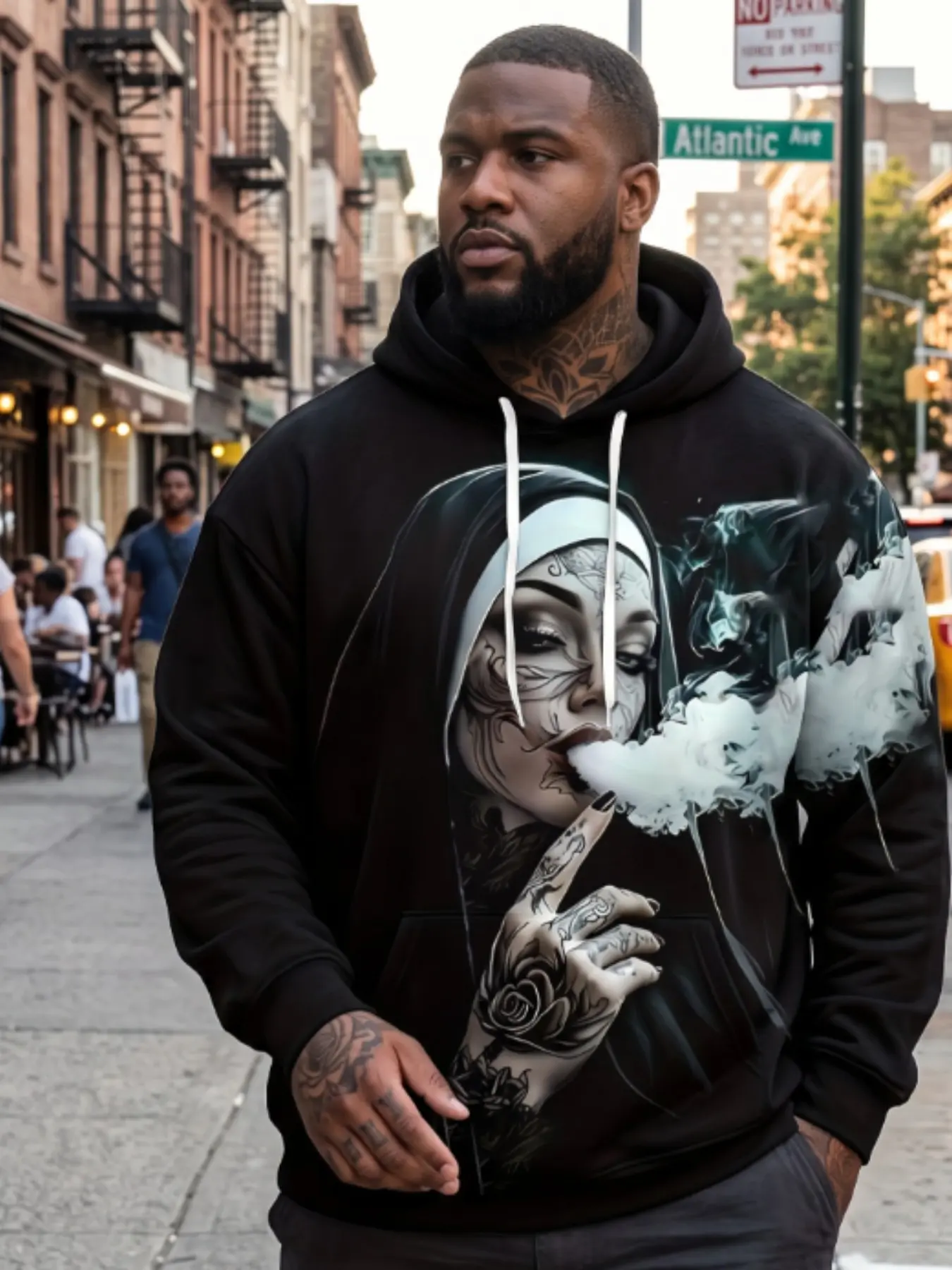 Men's Casual Plus Size Hoodie, Chicano Tattoo Nun Print, West Coast Dark Streetwear, All-Over Print, Long Sleeve, All Seasons