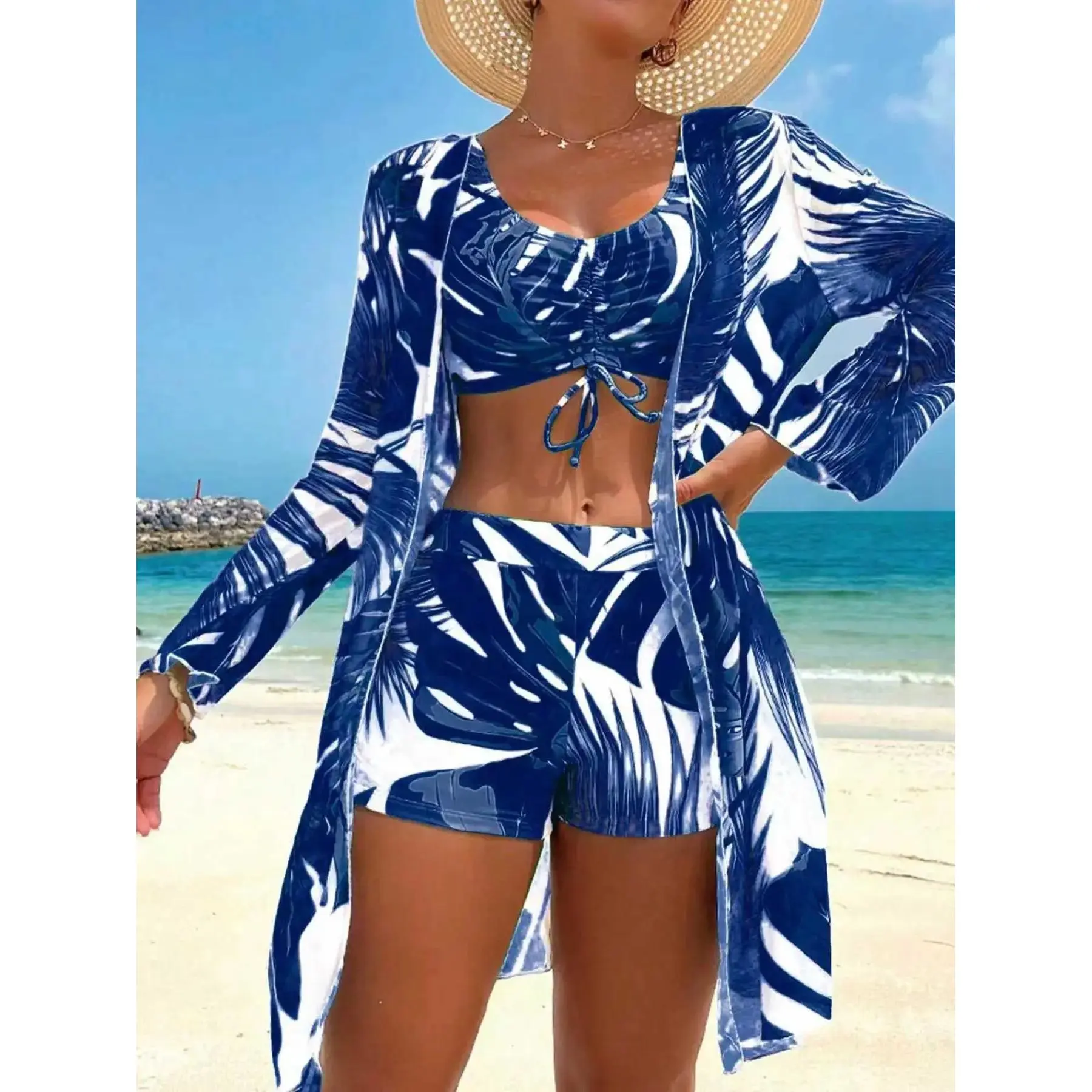 Women's Spring Summer Long Sleeve Sun Protection Set, Three-Piece Beach Vacation Separated Swimming Swimsuit, European Style, Full Coverage Swimsuits