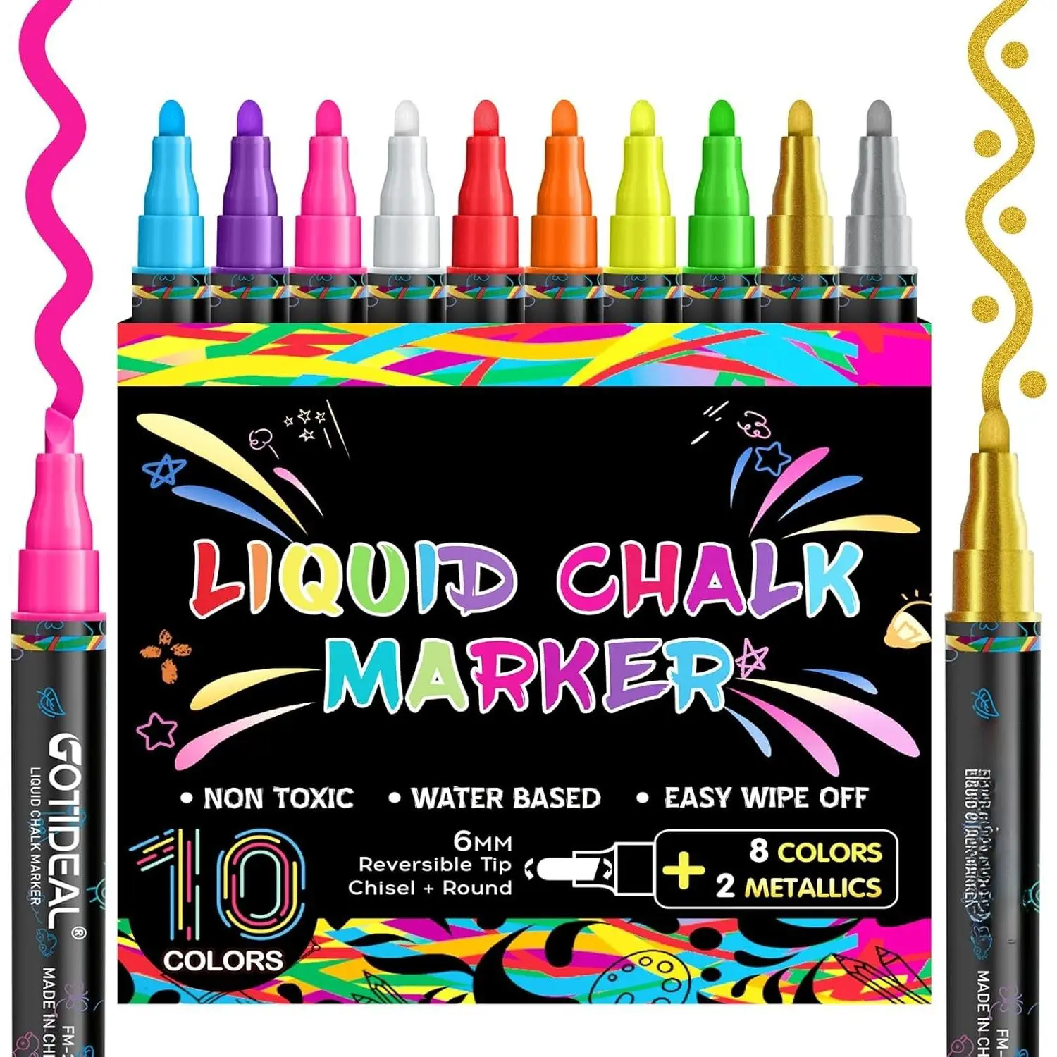 Liquid Chalk Markers, 10 Colors, 6 mm Bold & Chisel Tip | Erasable Chalk Board Pens,Window markers for Glass Washable, Blackboard, , Glass, Calendar, Sign, Menu Diy Painting