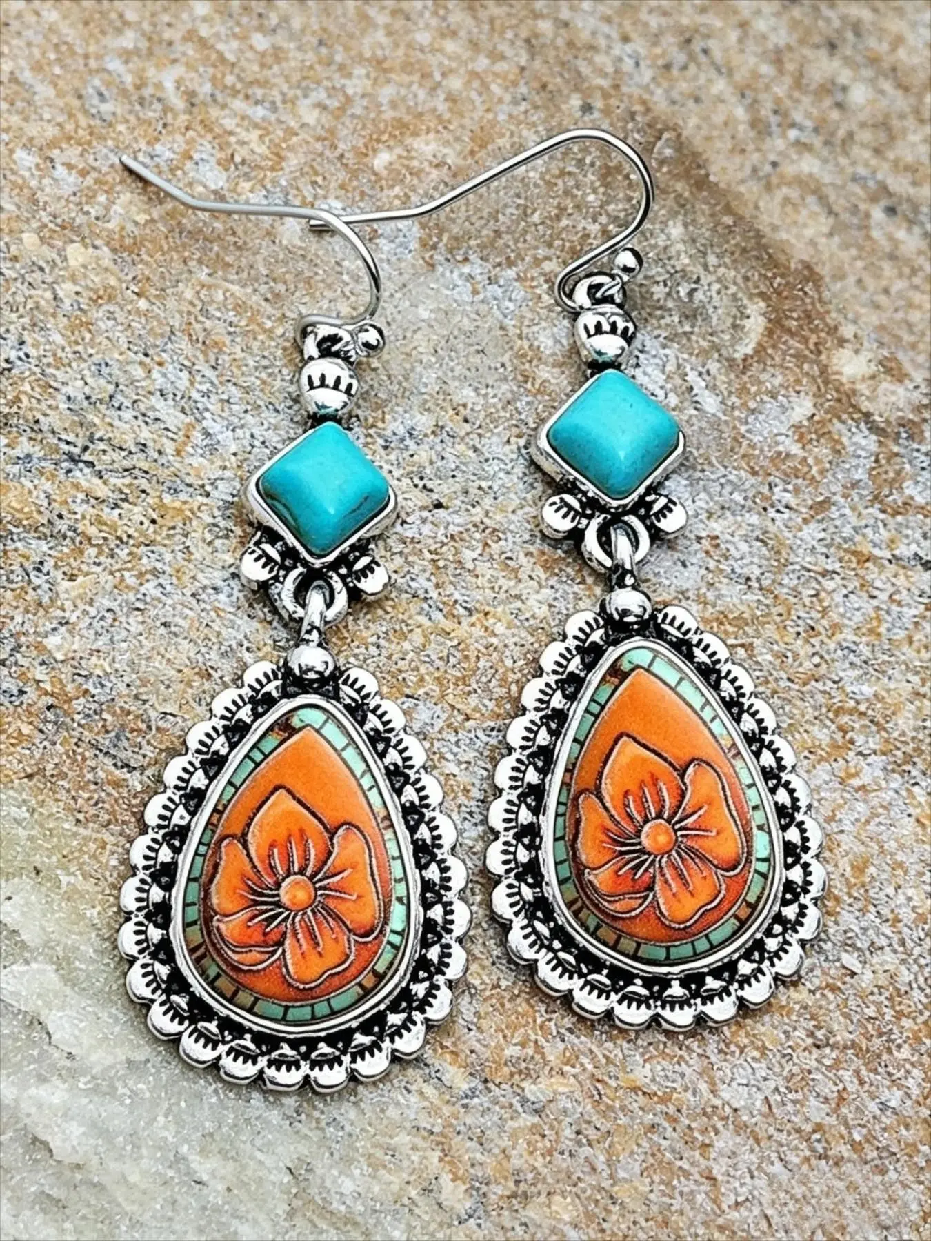 1 Pair Vintage Southwest Floral Teardrop Dangle Earrings For Women, Antique Silver Alloy Inlaid Faux Turquoise Western Ethnic Boho Drop Earrings Fashion Costume Jewelry