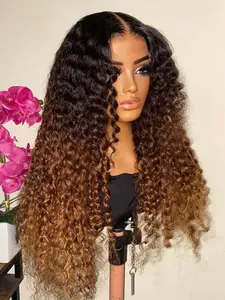 Ombre Brown Soft Long 26 Inch 180 Density Kinky Curly Front Lace Wig, Glueless Heat Resistant Synthetic Hair, Daily Wear Pre-plucked