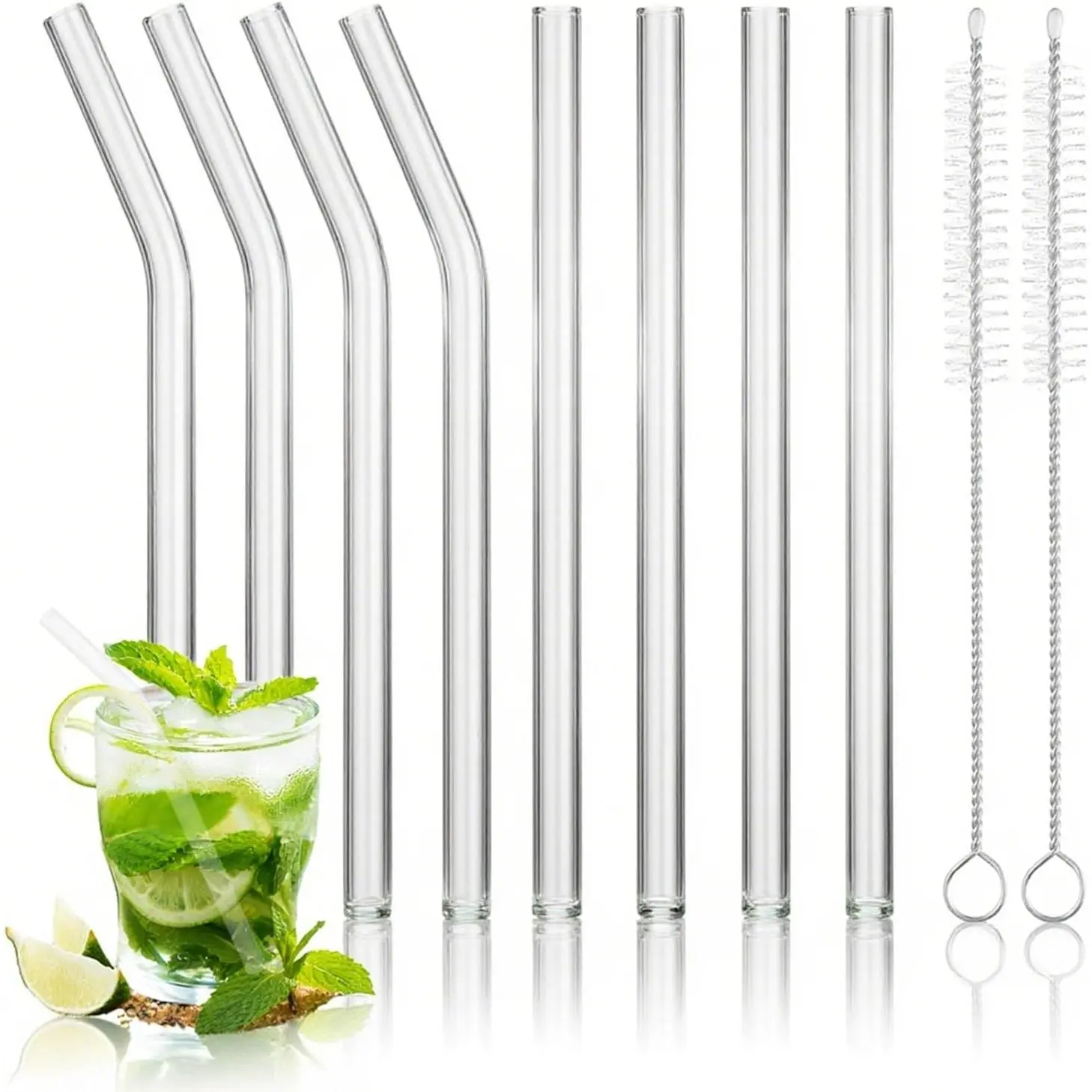 8 count  Glass Straws Shatter Resistant, 6” x 8 mm Short Glass Straws | Including 4 Straight & 4 Bent Short  Straws with 2 Cleaning Brush, Fits 8-12oz Cups, Dishwasher Safe (Clear)
