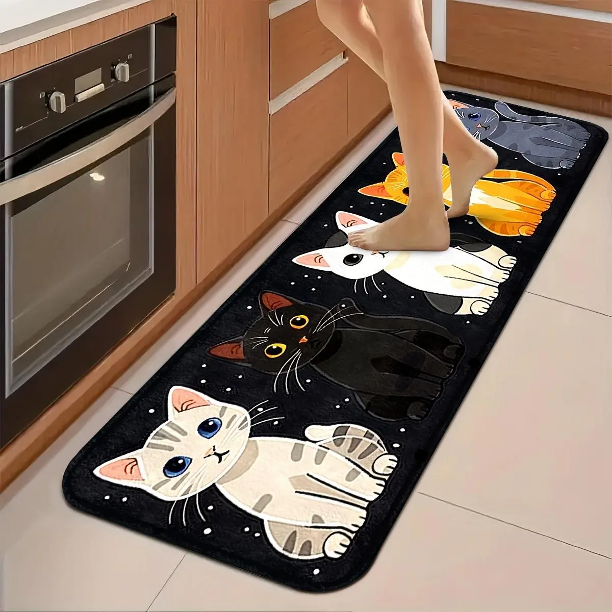 Cute Cartoon Cat Kitchen Mat Set Black Background Star Print Flannel Floor Rug Non Slip Water Resistant Runner Mats for Sink Entryway Home Decor