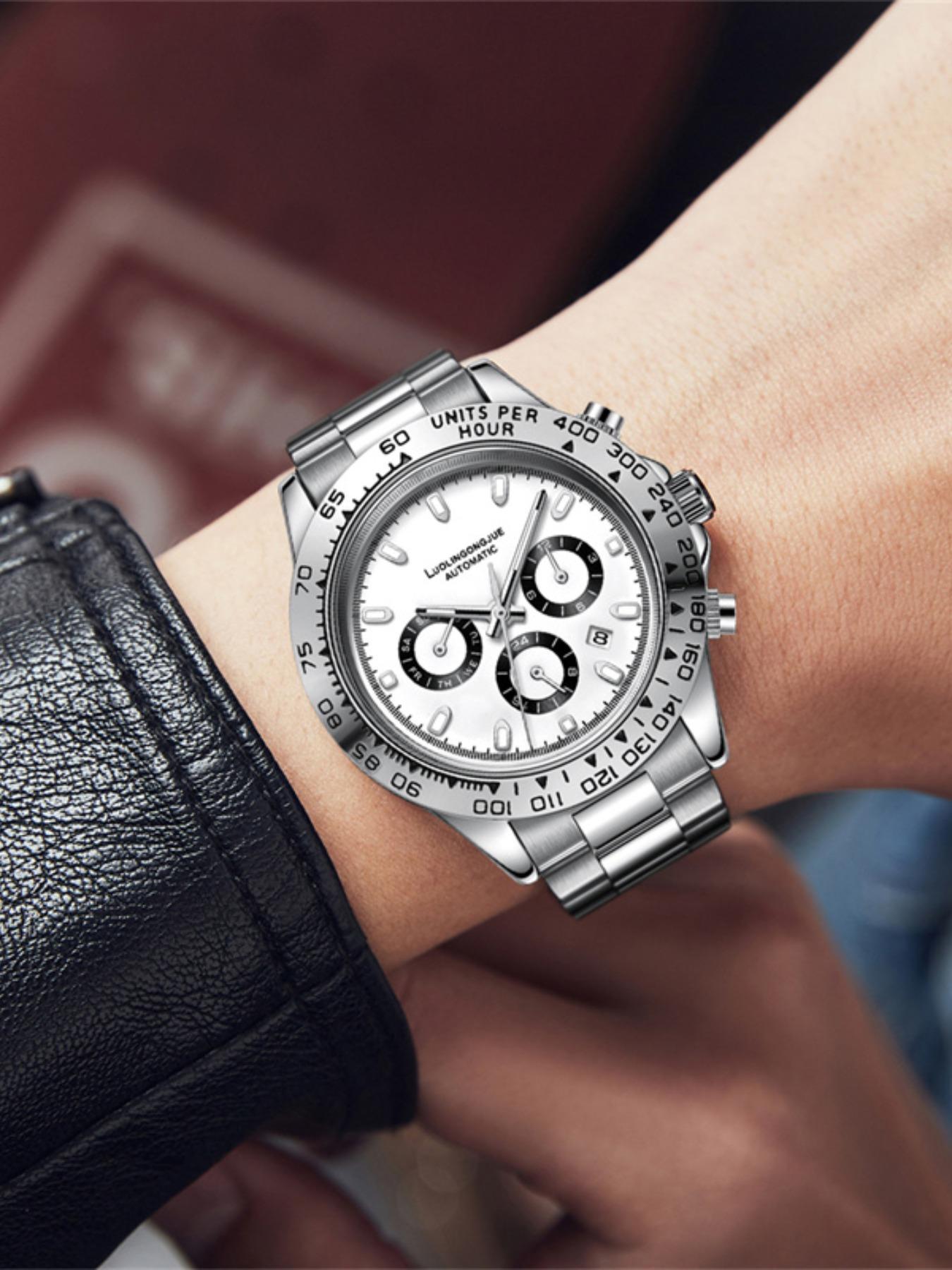 Multi-Function Chronograph Mechanical Watch for Men, Skeleton Stainless Steel Automatic Self-Winding Timepiece with Month, Date, Day, and 24-Hour Display – Luxury Gift for Business & Fashion