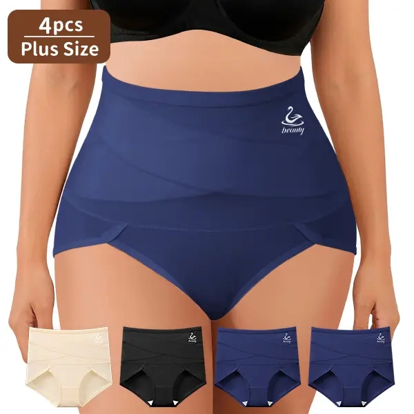 QUASTI 4Pcs Plus Size High Waisted Cross Shaping Underwear ,  Soft Breathable Anti Stuffiness Full Hip Wrap Shapewear Panties For Curvy Figure, Wide Leg Cuff No Pinch Thigh Non Slip Waist Postpartum Tummy Control Briefs
