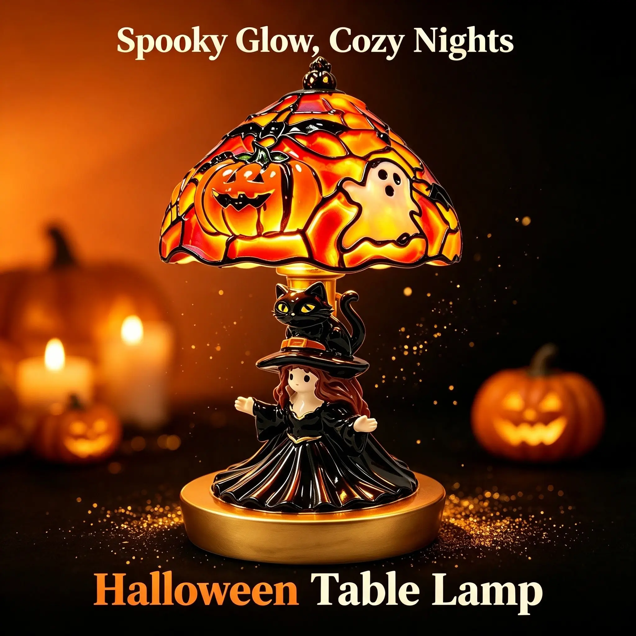 Halloween Cat Witch Decorative Table Lamp, Retro Painted Style Desktop Night Light, Pumpkin and Ghost Pattern Atmosphere Statue Lamp, Bedroom and Living Room Home Festival Gift, Suitable for Halloween