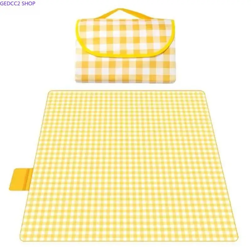 Yellow Gingham Pattern Portable Picnic Blanket - Foldable Waterproof Outdoor Camping Equipment with Carry Handle Bag, Lightweight Compact Unisex Outing Mat for Beach, Park, Lawn, Compact Fit, Campfire / Bbq Party, Hiking / Light Outdoor