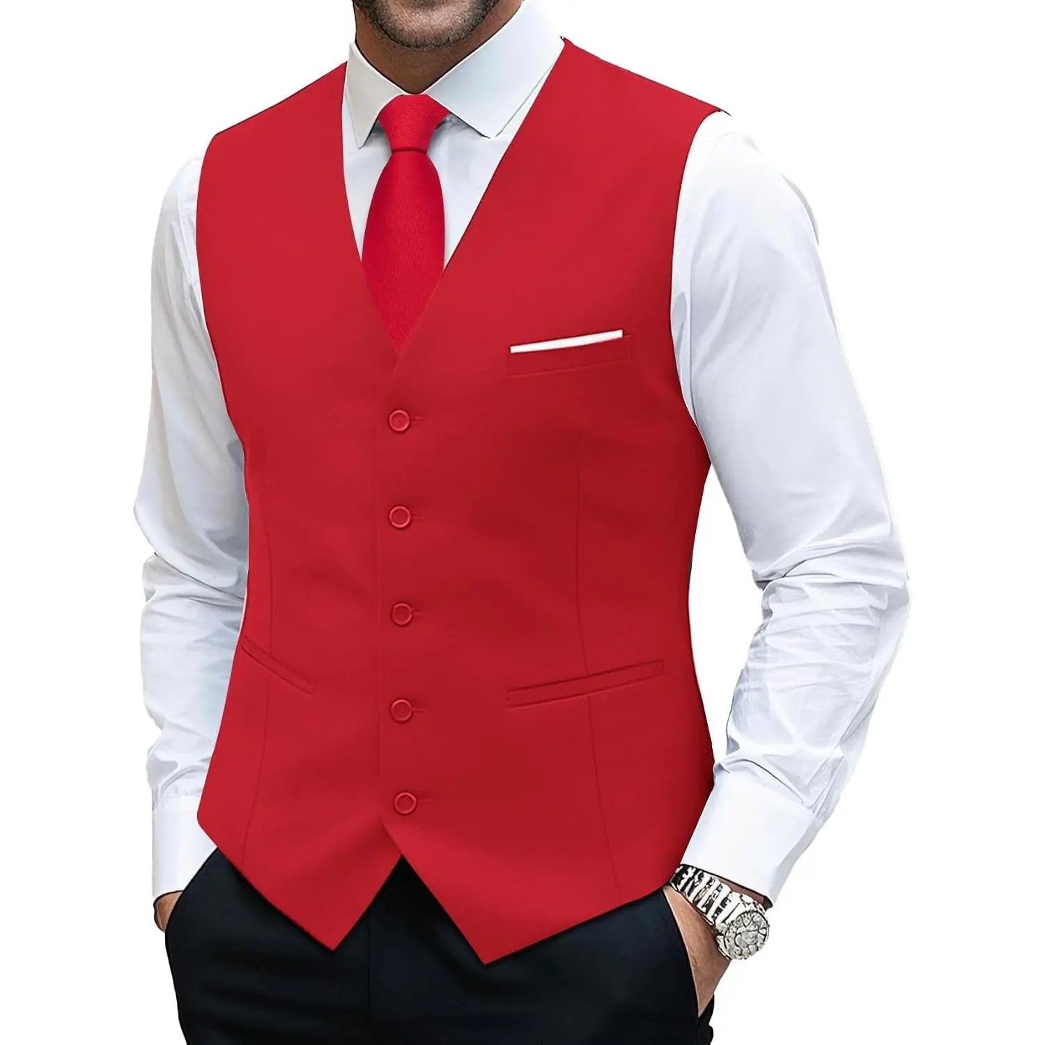 Men's Classic Formal Suit Vest and Tie Set - Menswear V-Neck Waistcoat with Pocket for Business Casual, Prom, Funeral, Wedding Western Tuxedo (Solid Colors), Sleeveless, Plain
