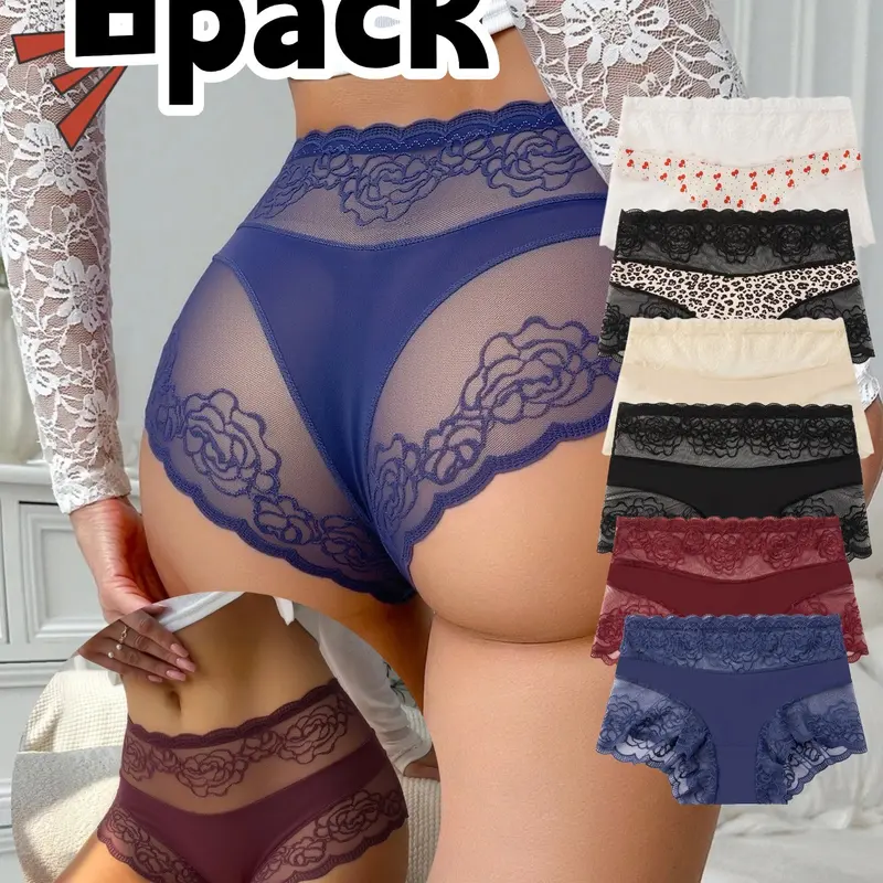New Floral Lace Ice Silk Women's Underwear, Elegant Multi-Color Triangle Panties, Cherry Leopard Print, Breathable Comfort, 6 Pcs Set, Breathable Knickers