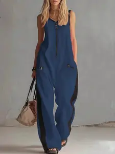 Women's Summer Casual Overall Pants, Short Sleeve Zipper Round Neck, Sleeveless Design, European and American Style, 2026 New Arrival