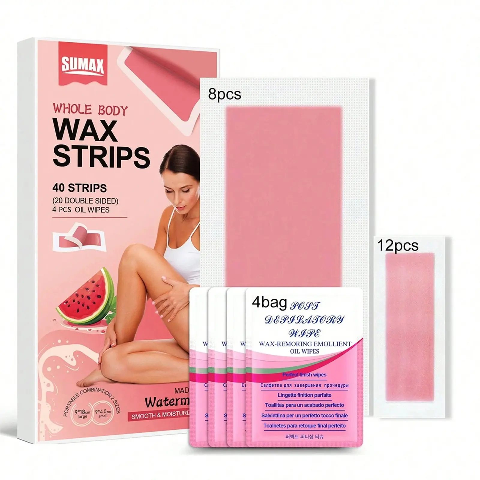 40pcs Watermelon Scented Moisturizing Smooth Home Waxing Body Care Hair Removal Wax Paper, Full Body Cold Wax Strips for Legs, Arms, Underarms, Bikini Line, Professional Home Kit