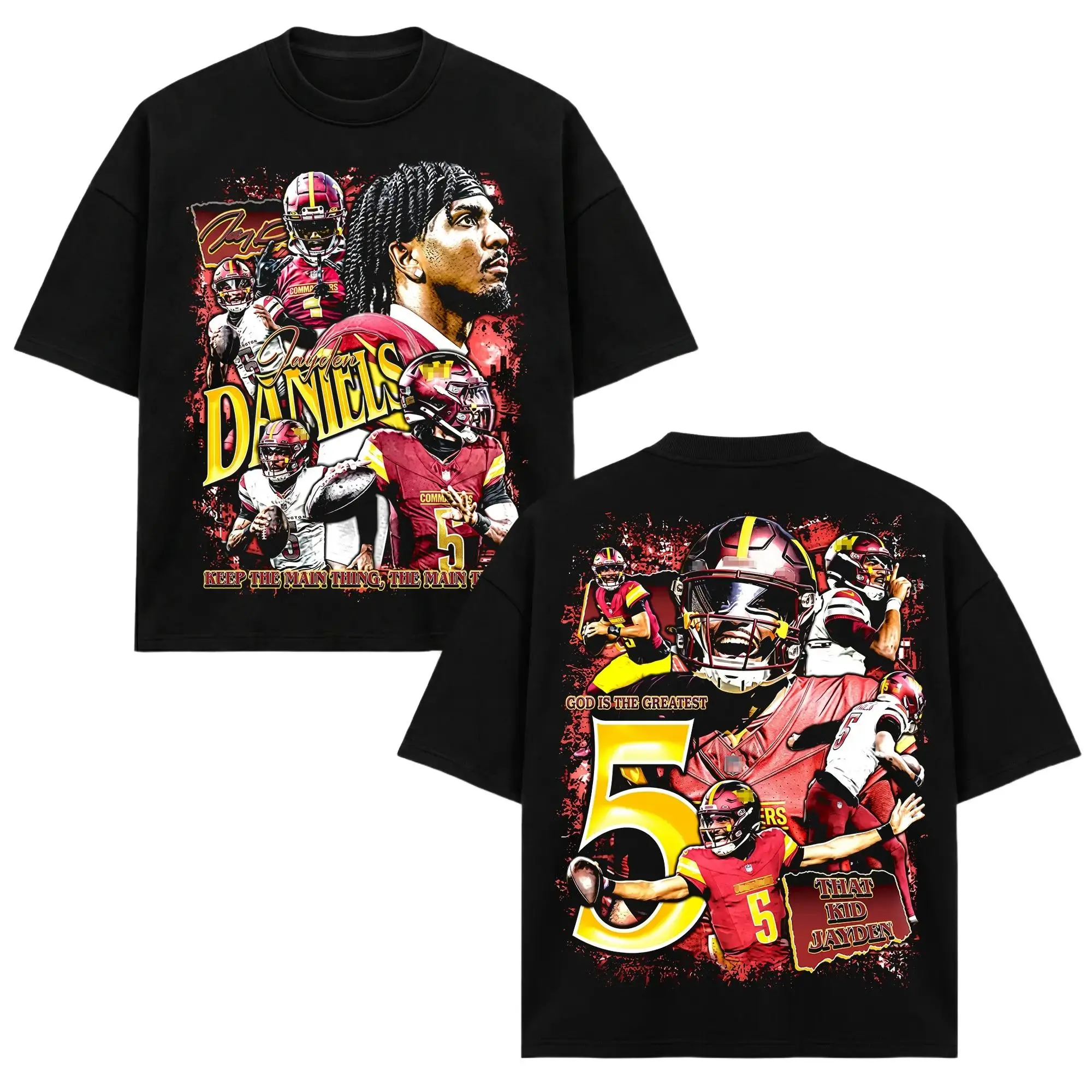 [Sale Up To 50%] Women's Oversized Tee - Unisex Jayden Daniels #5 WAS Cmdrs QB Football Merch, 100% Cotton Cold Wash Loose-Fitting Vintage Print Burgundy Gold Retro 90s Bootleg Graphic Apparel, Fan Gift Heavyweight Black Top